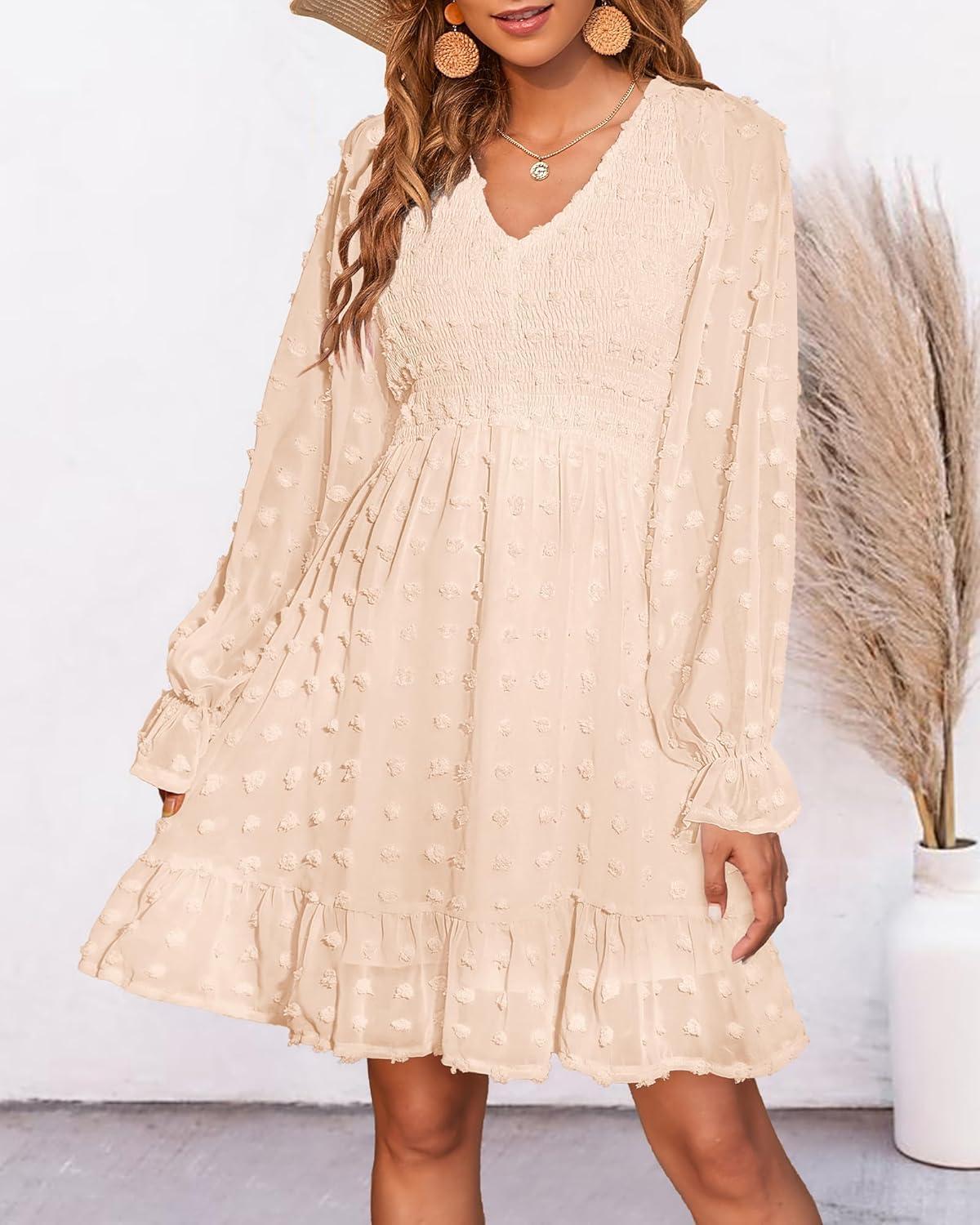 imageBTFBM Women Smocked Short Dress V Neck Long Sleeve Casual Swiss Dot Ruffle Chiffon Flowy Mini Summer Spring Dresses 2025Solid Apricot