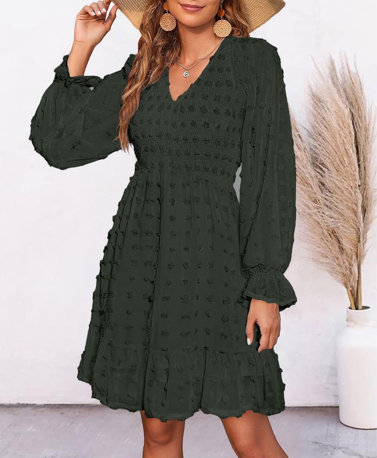 imageBTFBM Women Smocked Short Dress V Neck Long Sleeve Casual Swiss Dot Ruffle Chiffon Flowy Mini Summer Spring Dresses 2025Solid Army Green