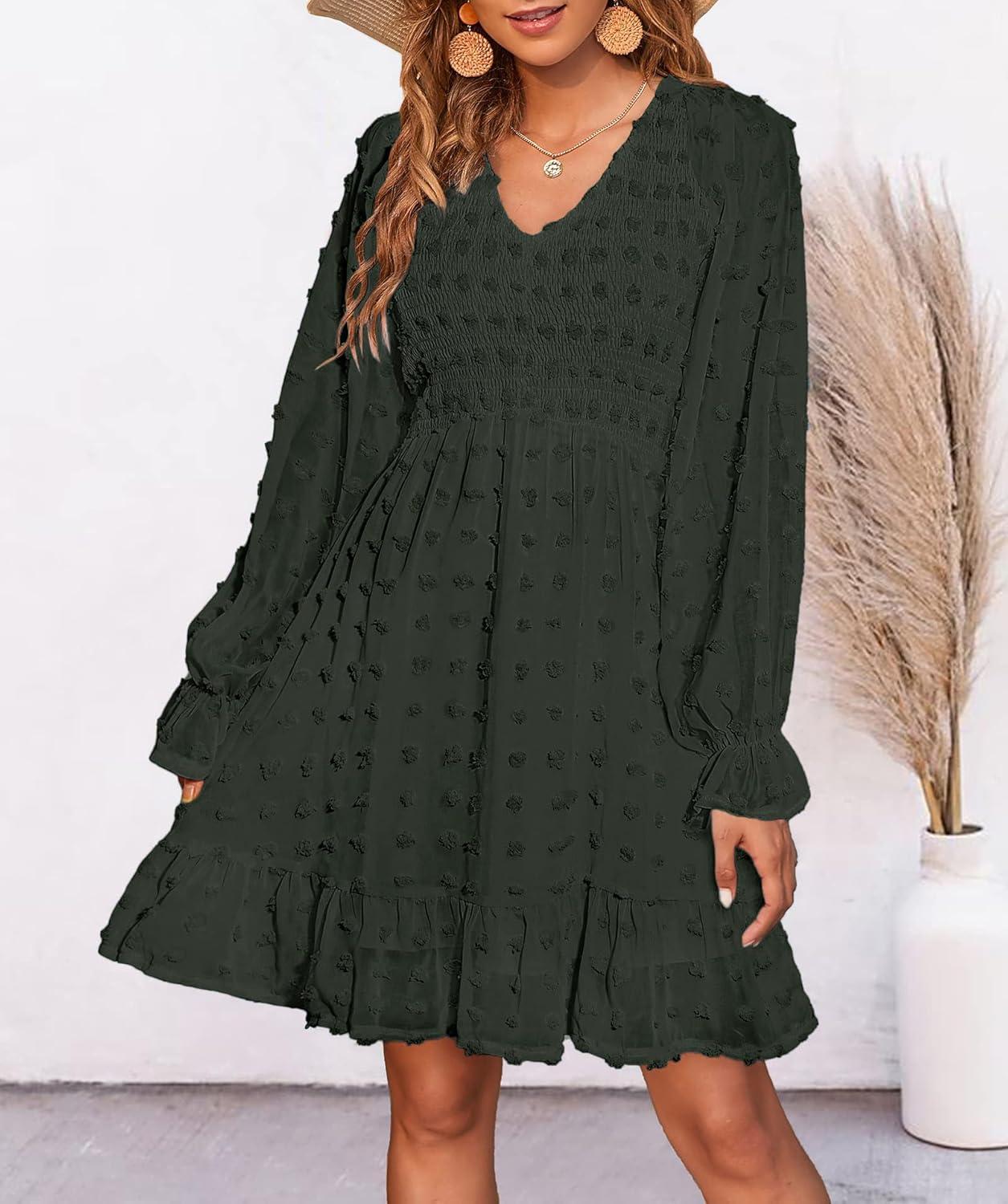 imageBTFBM Women Smocked Short Dress V Neck Long Sleeve Casual Swiss Dot Ruffle Chiffon Flowy Mini Summer Spring Dresses 2025Solid Army Green