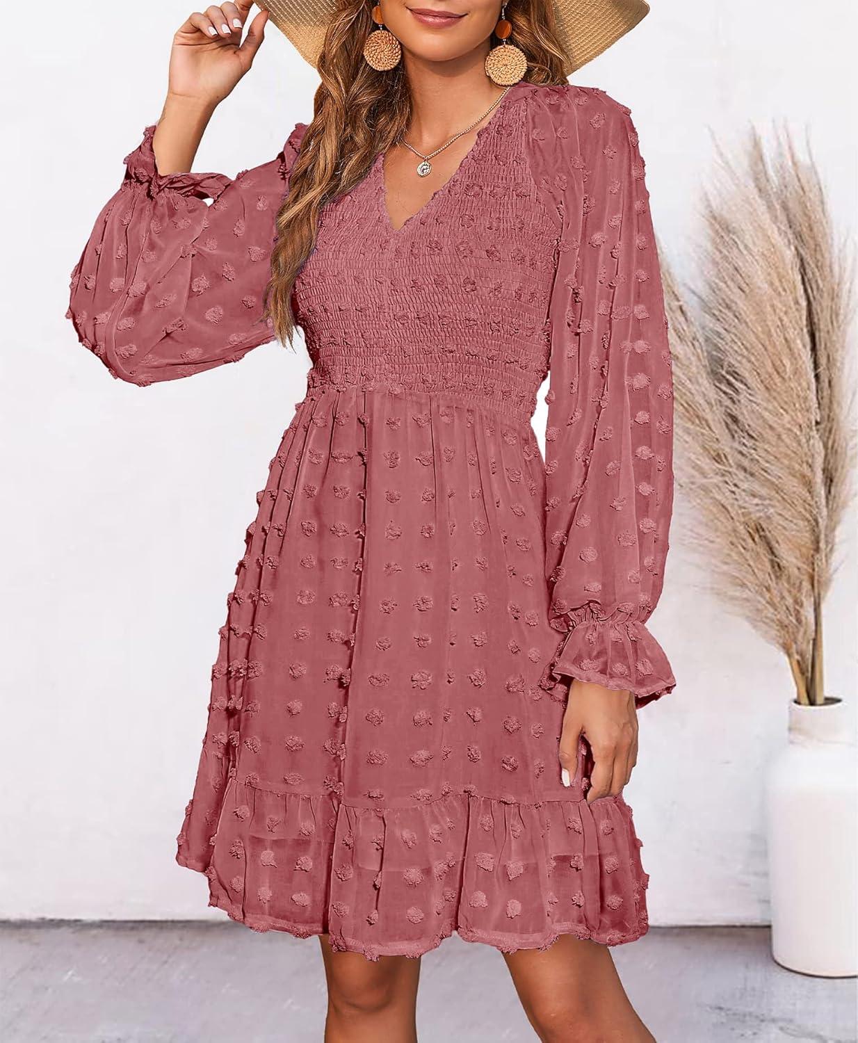 imageBTFBM Women Smocked Short Dress V Neck Long Sleeve Casual Swiss Dot Ruffle Chiffon Flowy Mini Summer Spring Dresses 2025Solid Bean Paste Red