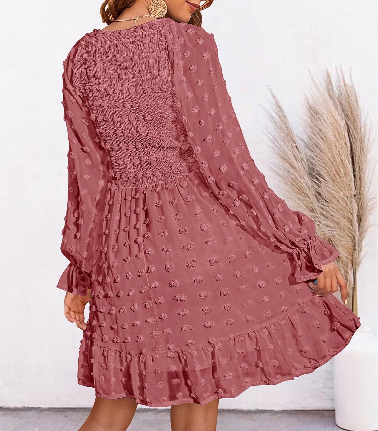imageBTFBM Women Smocked Short Dress V Neck Long Sleeve Casual Swiss Dot Ruffle Chiffon Flowy Mini Summer Spring Dresses 2025Solid Bean Paste Red