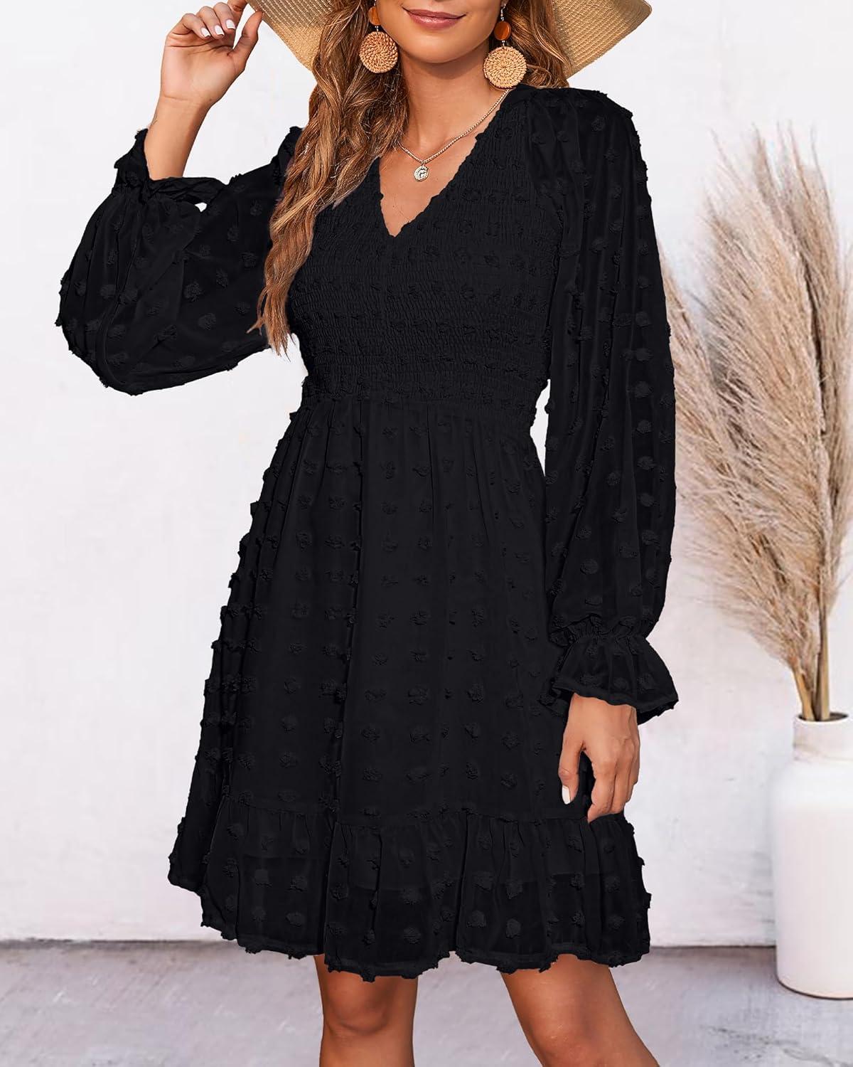 imageBTFBM Women Smocked Short Dress V Neck Long Sleeve Casual Swiss Dot Ruffle Chiffon Flowy Mini Summer Spring Dresses 2025Solid Black
