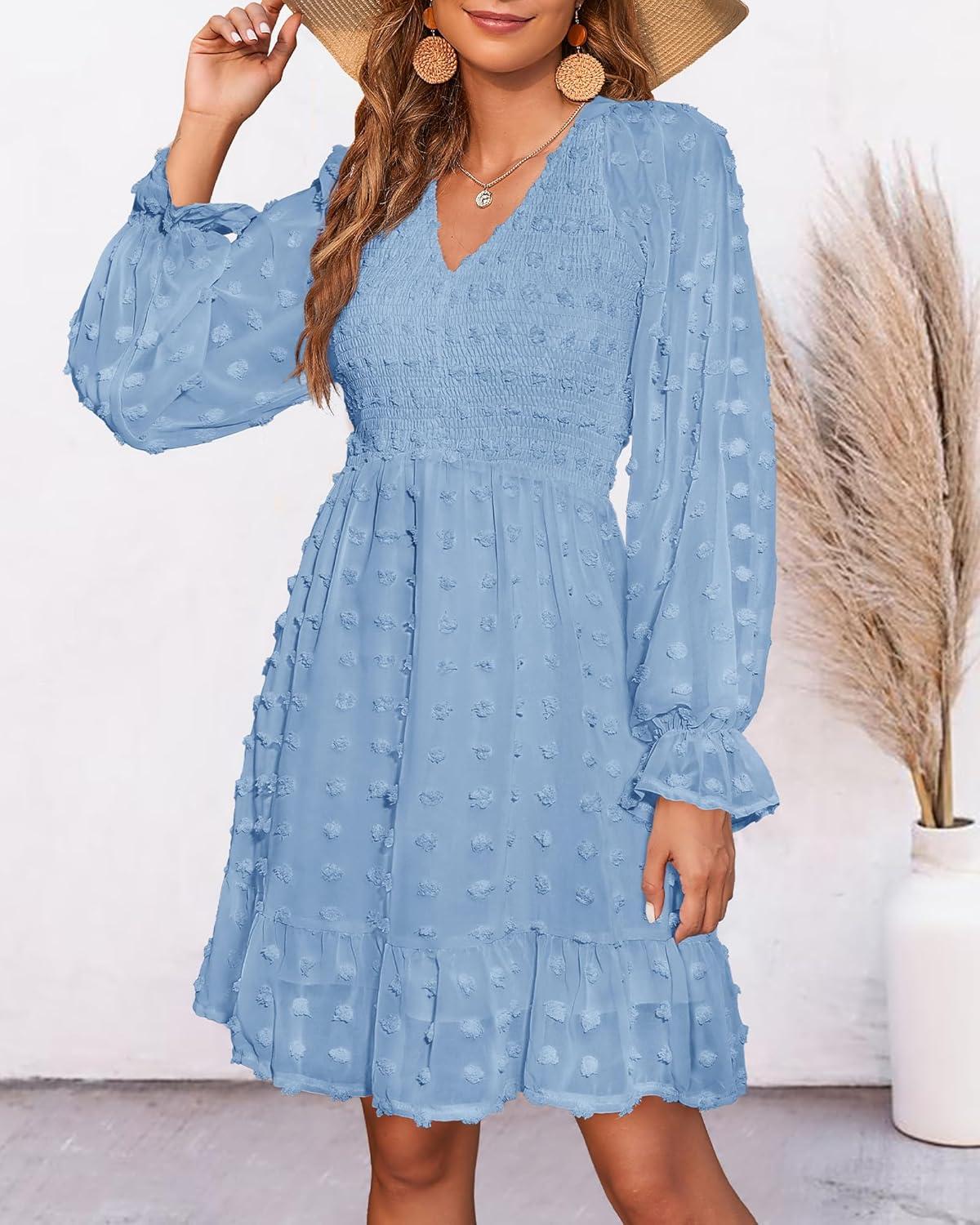 imageBTFBM Women Smocked Short Dress V Neck Long Sleeve Casual Swiss Dot Ruffle Chiffon Flowy Mini Summer Spring Dresses 2025Solid Blue