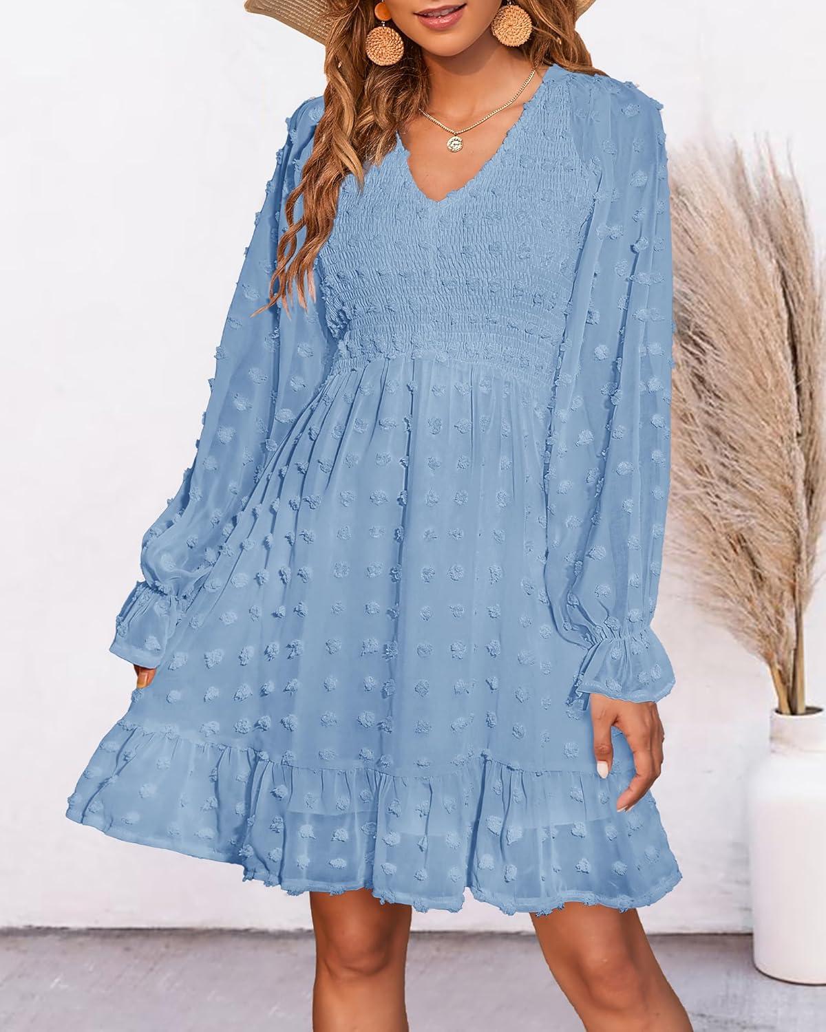 imageBTFBM Women Smocked Short Dress V Neck Long Sleeve Casual Swiss Dot Ruffle Chiffon Flowy Mini Summer Spring Dresses 2025Solid Blue