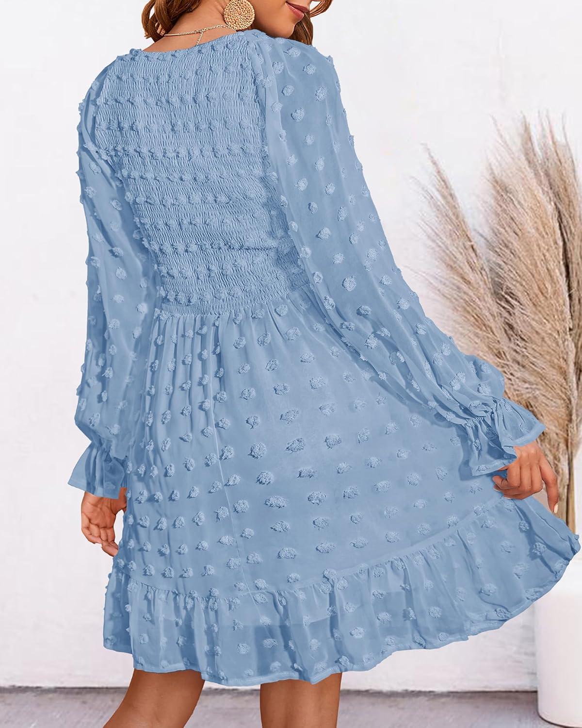 imageBTFBM Women Smocked Short Dress V Neck Long Sleeve Casual Swiss Dot Ruffle Chiffon Flowy Mini Summer Spring Dresses 2025Solid Blue