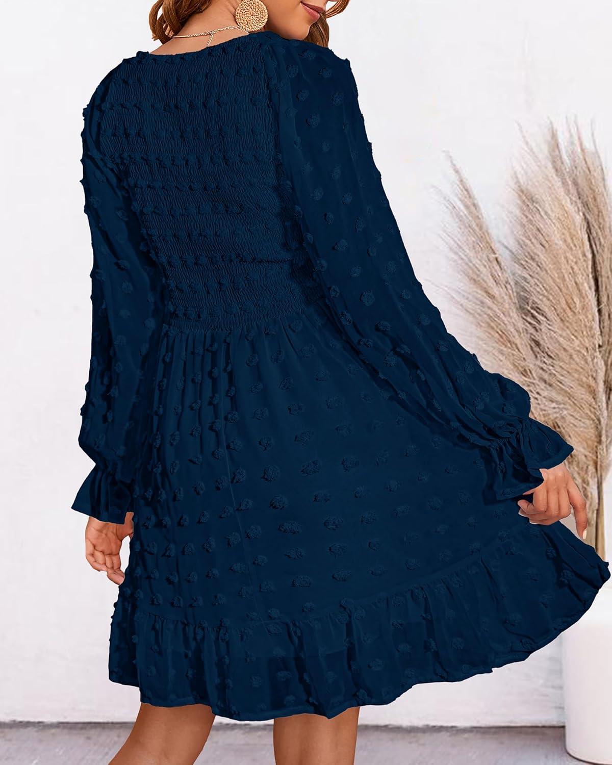 imageBTFBM Women Smocked Short Dress V Neck Long Sleeve Casual Swiss Dot Ruffle Chiffon Flowy Mini Summer Spring Dresses 2025Solid Dark Blue