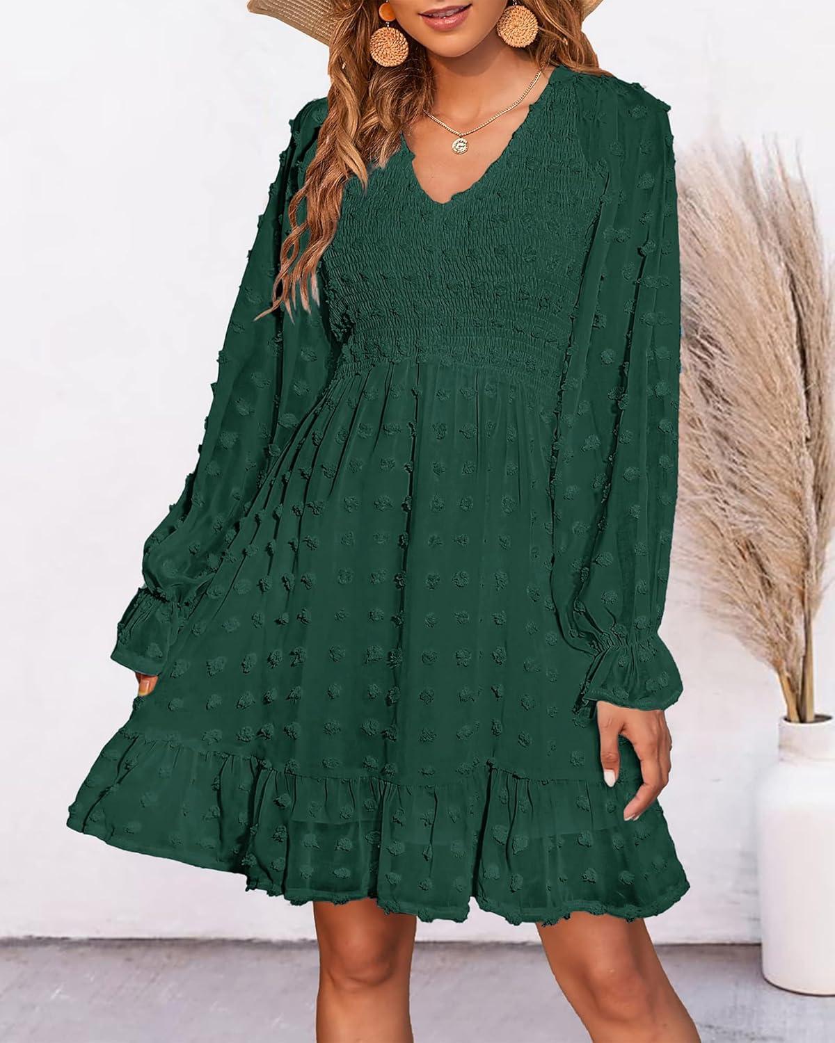 imageBTFBM Women Smocked Short Dress V Neck Long Sleeve Casual Swiss Dot Ruffle Chiffon Flowy Mini Summer Spring Dresses 2025Solid Dark Green
