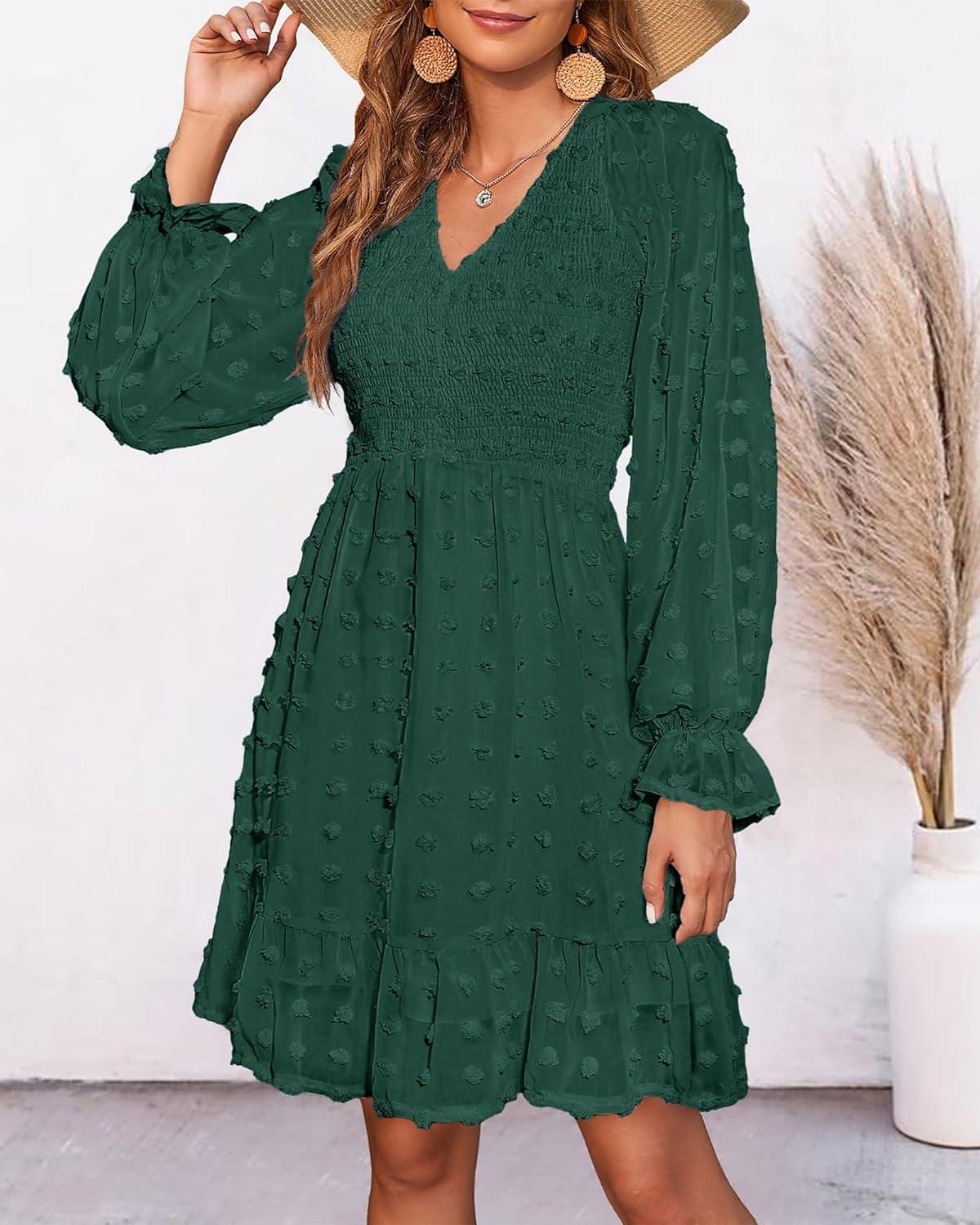 imageBTFBM Women Smocked Short Dress V Neck Long Sleeve Casual Swiss Dot Ruffle Chiffon Flowy Mini Summer Spring Dresses 2025Solid Dark Green