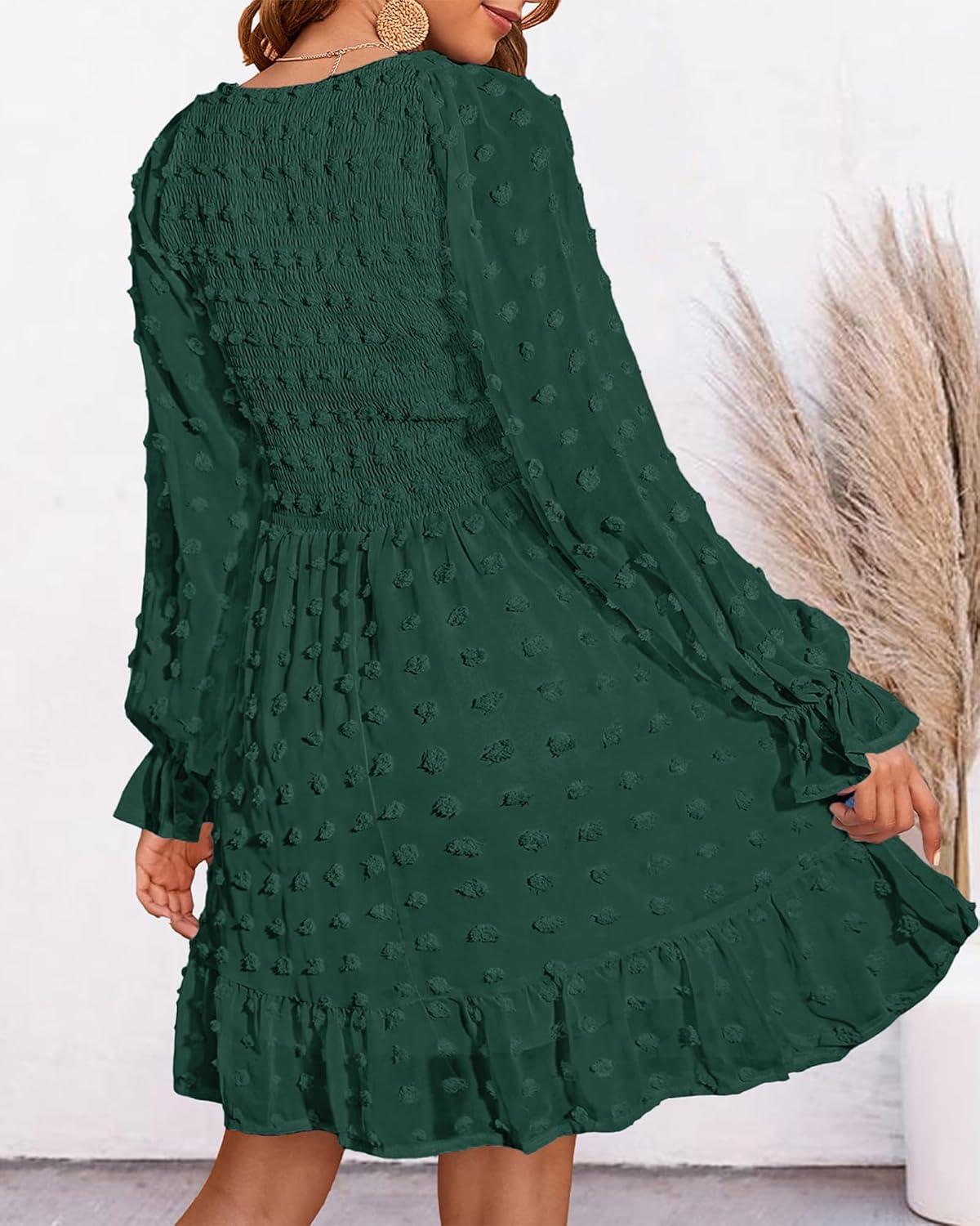 imageBTFBM Women Smocked Short Dress V Neck Long Sleeve Casual Swiss Dot Ruffle Chiffon Flowy Mini Summer Spring Dresses 2025Solid Dark Green