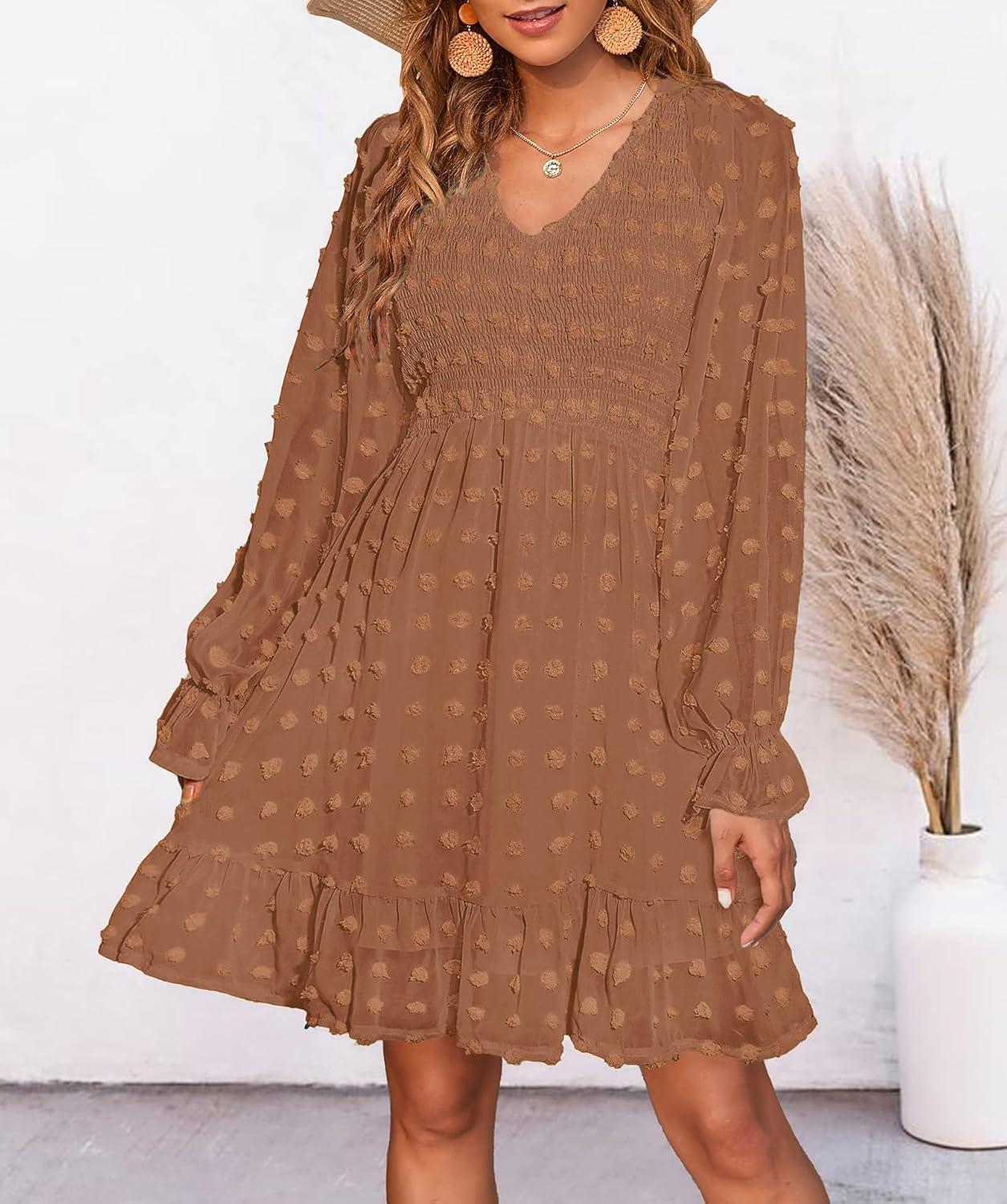 imageBTFBM Women Smocked Short Dress V Neck Long Sleeve Casual Swiss Dot Ruffle Chiffon Flowy Mini Summer Spring Dresses 2025Solid Khaki