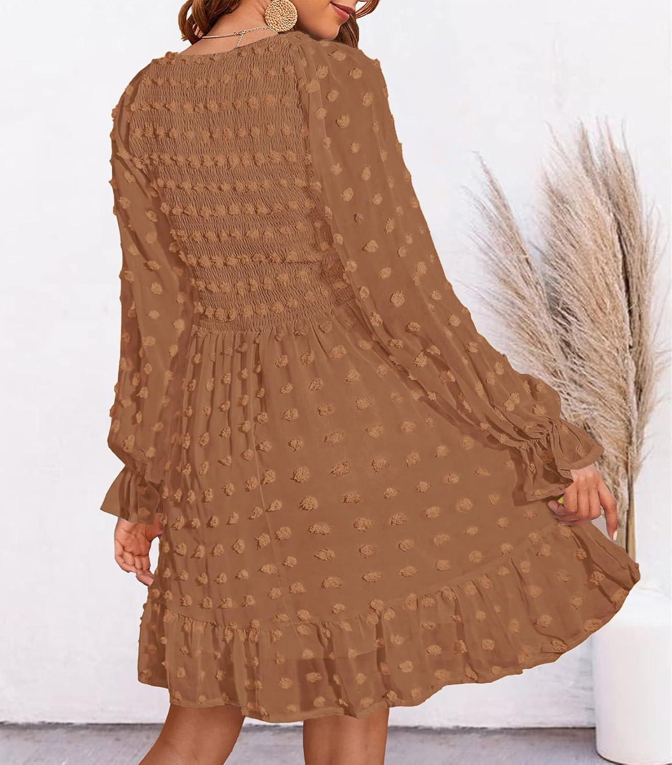imageBTFBM Women Smocked Short Dress V Neck Long Sleeve Casual Swiss Dot Ruffle Chiffon Flowy Mini Summer Spring Dresses 2025Solid Khaki
