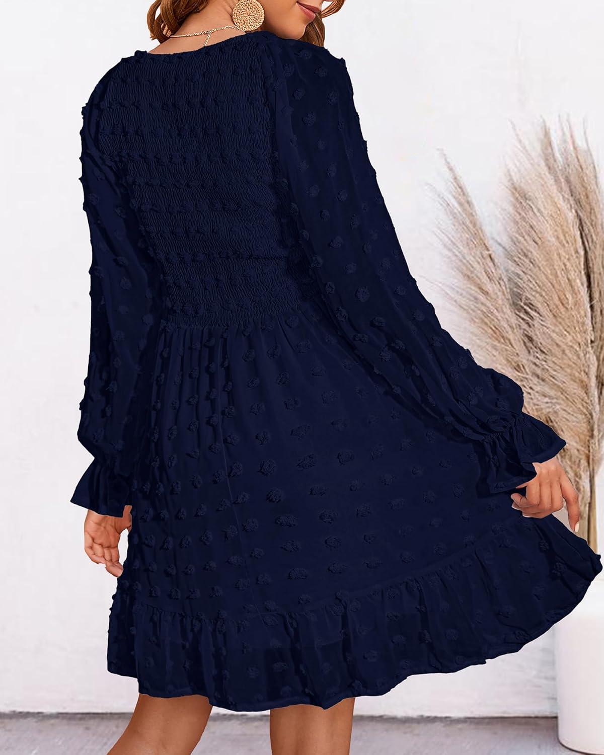 imageBTFBM Women Smocked Short Dress V Neck Long Sleeve Casual Swiss Dot Ruffle Chiffon Flowy Mini Summer Spring Dresses 2025Solid Navy