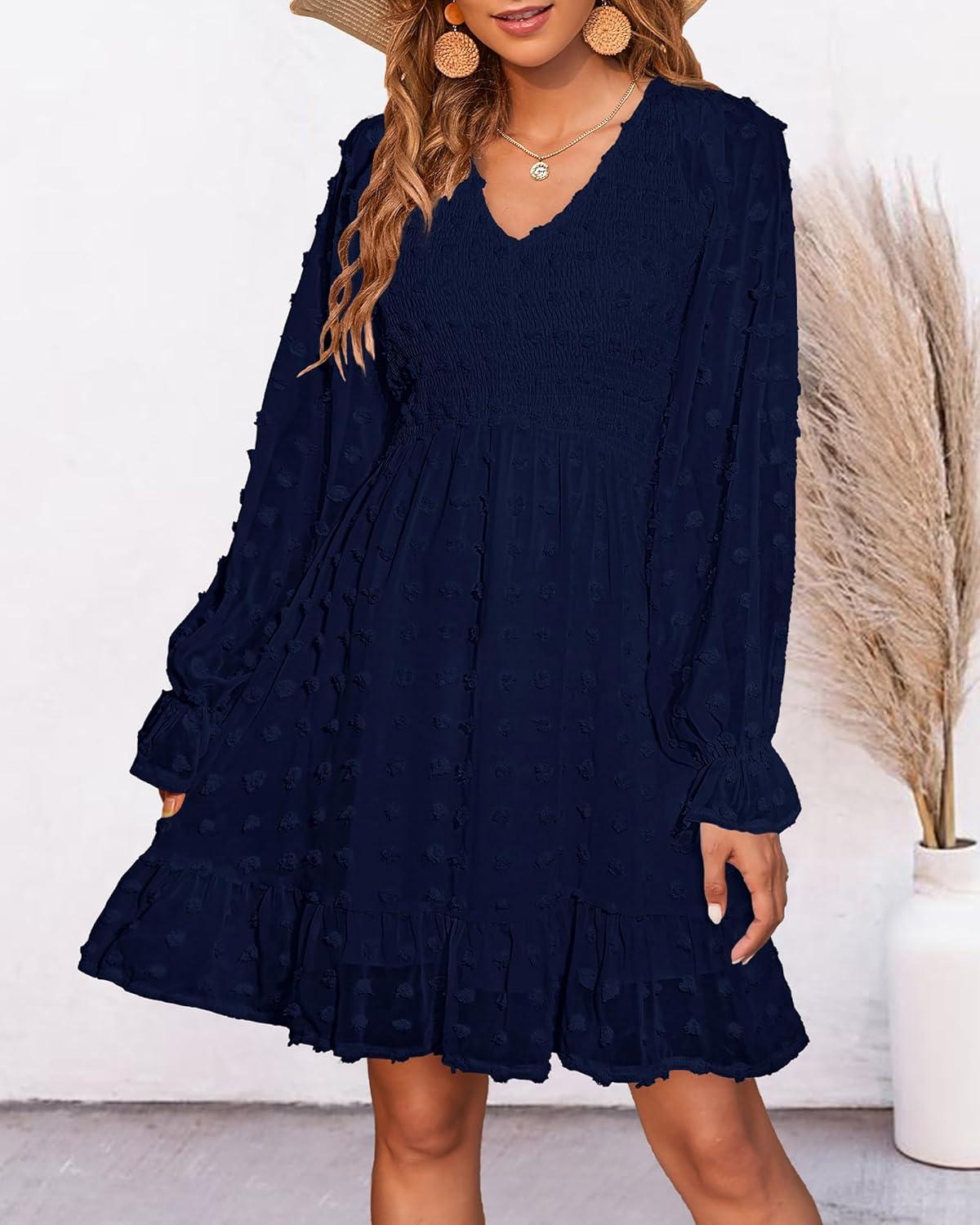 imageBTFBM Women Smocked Short Dress V Neck Long Sleeve Casual Swiss Dot Ruffle Chiffon Flowy Mini Summer Spring Dresses 2025Solid Navy
