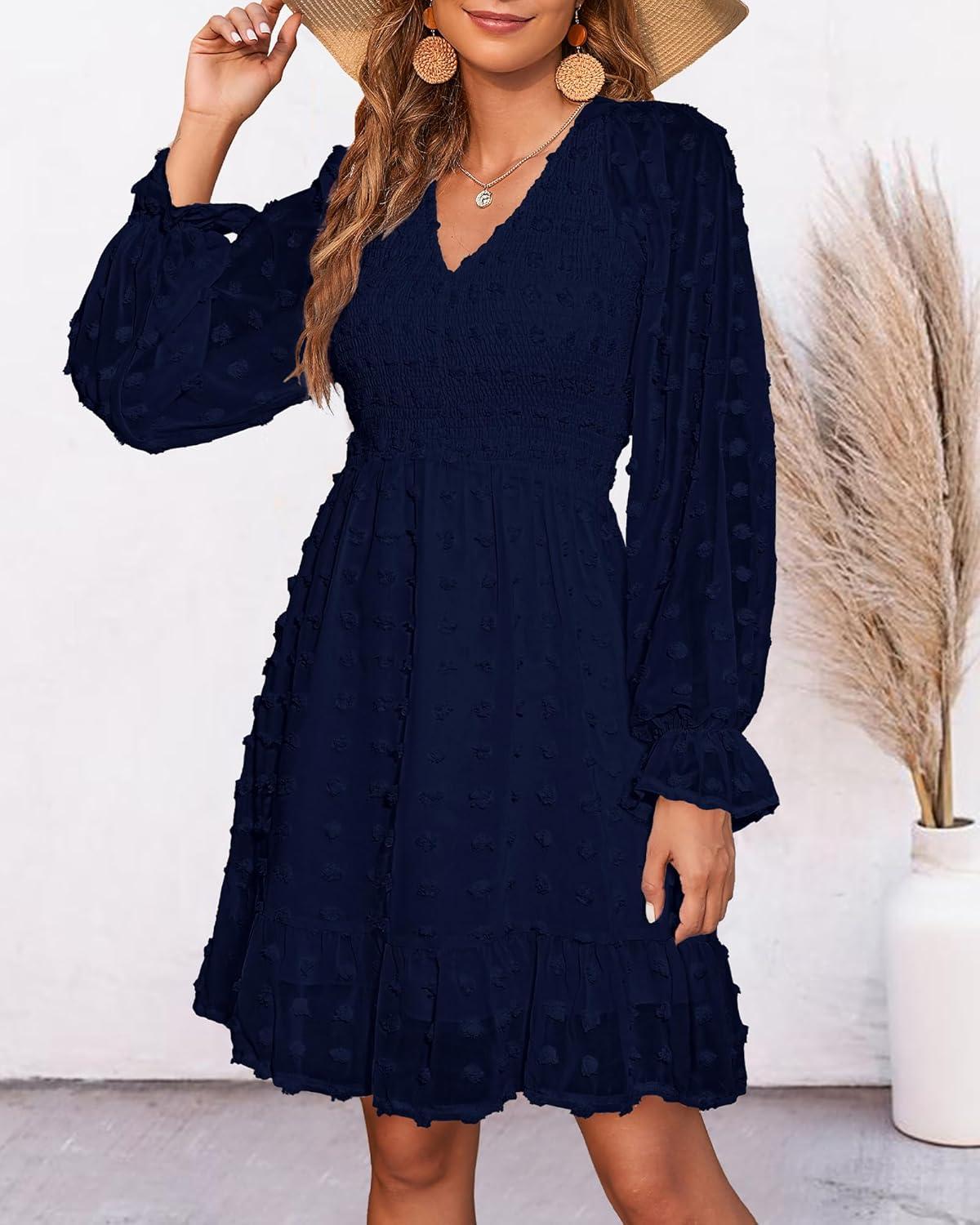 imageBTFBM Women Smocked Short Dress V Neck Long Sleeve Casual Swiss Dot Ruffle Chiffon Flowy Mini Summer Spring Dresses 2025Solid Navy