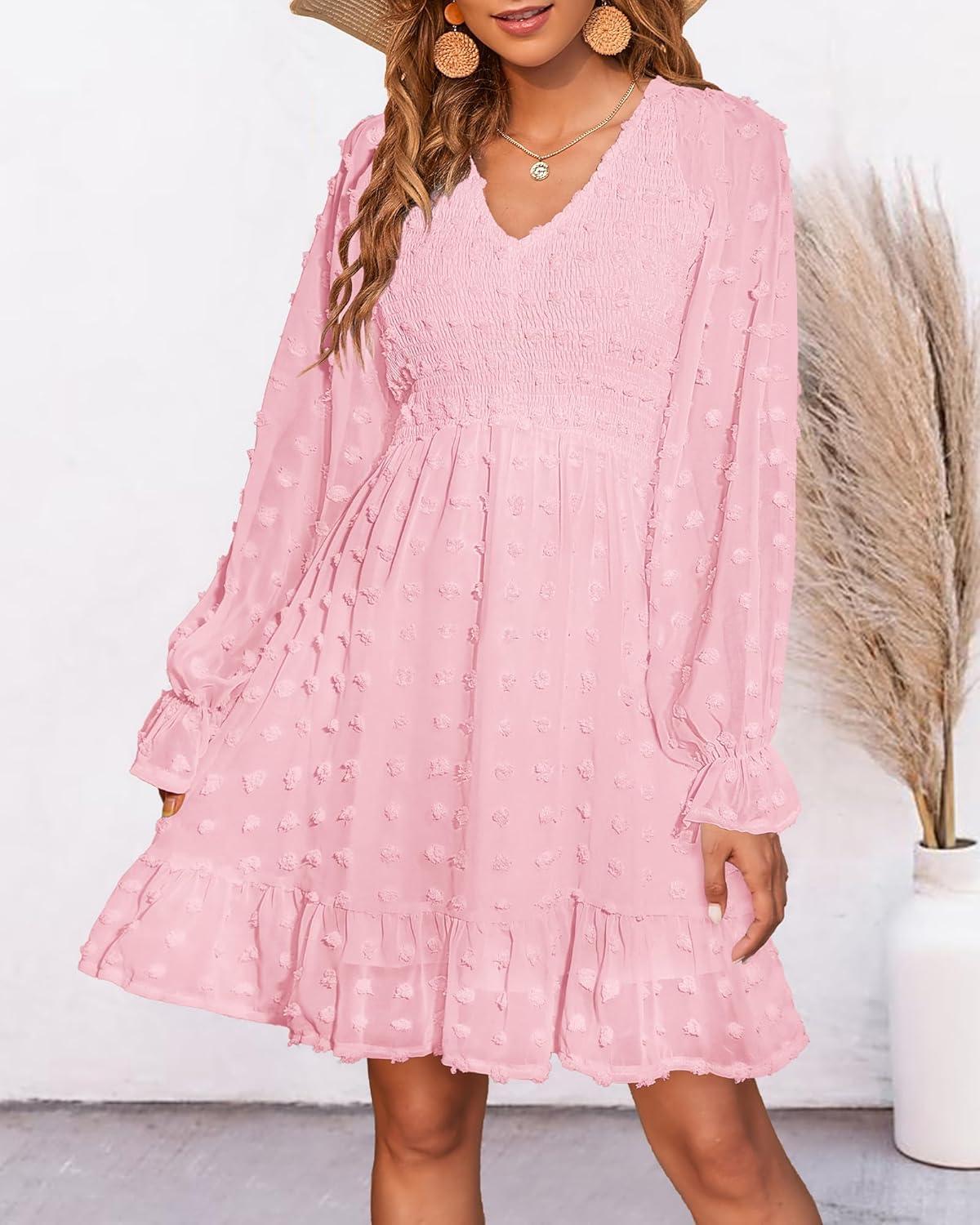 imageBTFBM Women Smocked Short Dress V Neck Long Sleeve Casual Swiss Dot Ruffle Chiffon Flowy Mini Summer Spring Dresses 2025Solid Pink