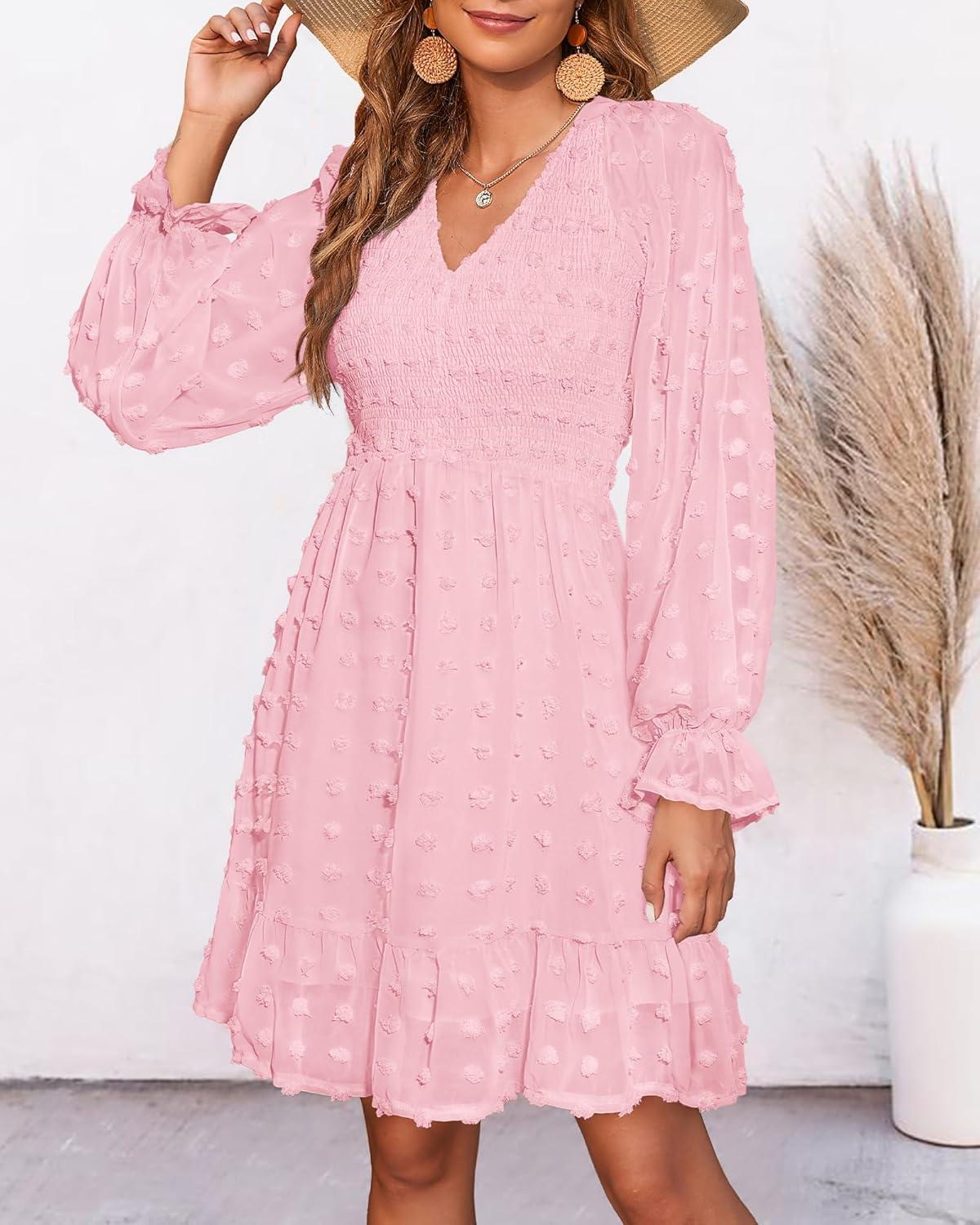imageBTFBM Women Smocked Short Dress V Neck Long Sleeve Casual Swiss Dot Ruffle Chiffon Flowy Mini Summer Spring Dresses 2025Solid Pink