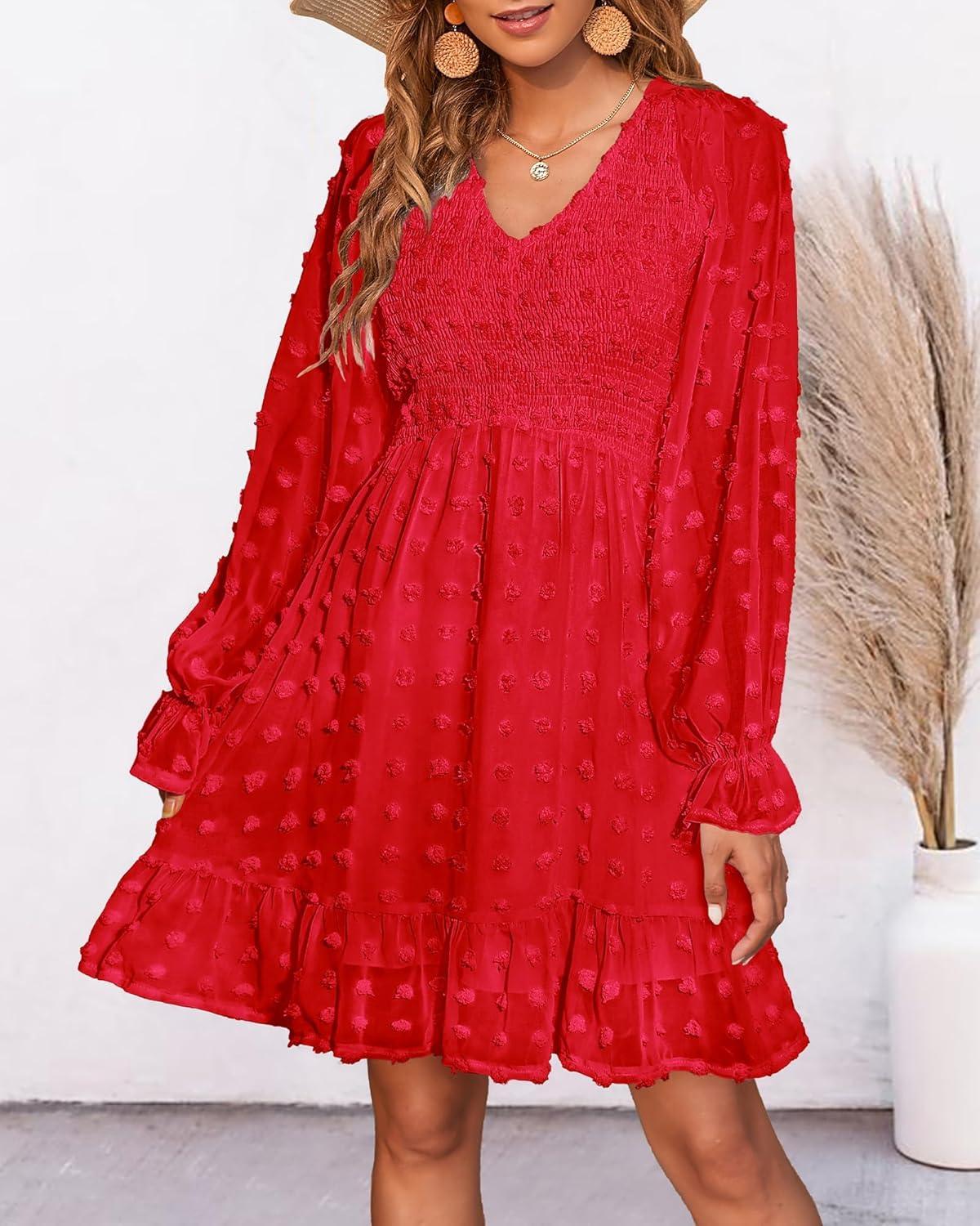 imageBTFBM Women Smocked Short Dress V Neck Long Sleeve Casual Swiss Dot Ruffle Chiffon Flowy Mini Summer Spring Dresses 2025Solid Red