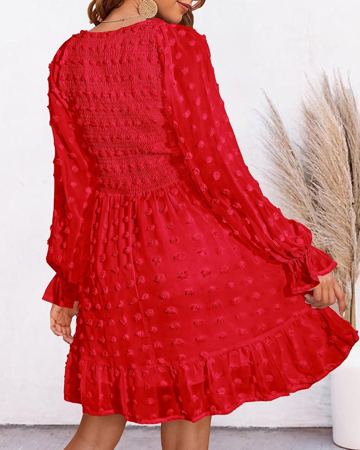 imageBTFBM Women Smocked Short Dress V Neck Long Sleeve Casual Swiss Dot Ruffle Chiffon Flowy Mini Summer Spring Dresses 2025Solid Red