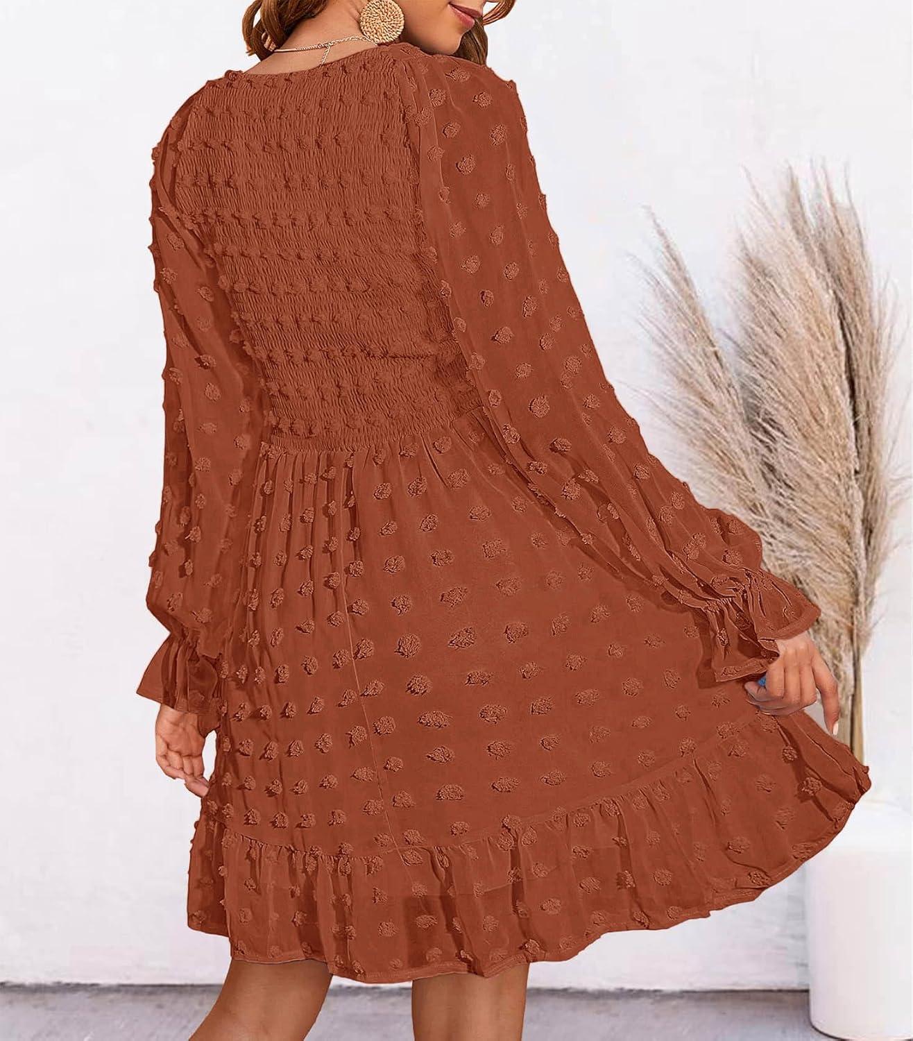 imageBTFBM Women Smocked Short Dress V Neck Long Sleeve Casual Swiss Dot Ruffle Chiffon Flowy Mini Summer Spring Dresses 2025Solid Red Brown