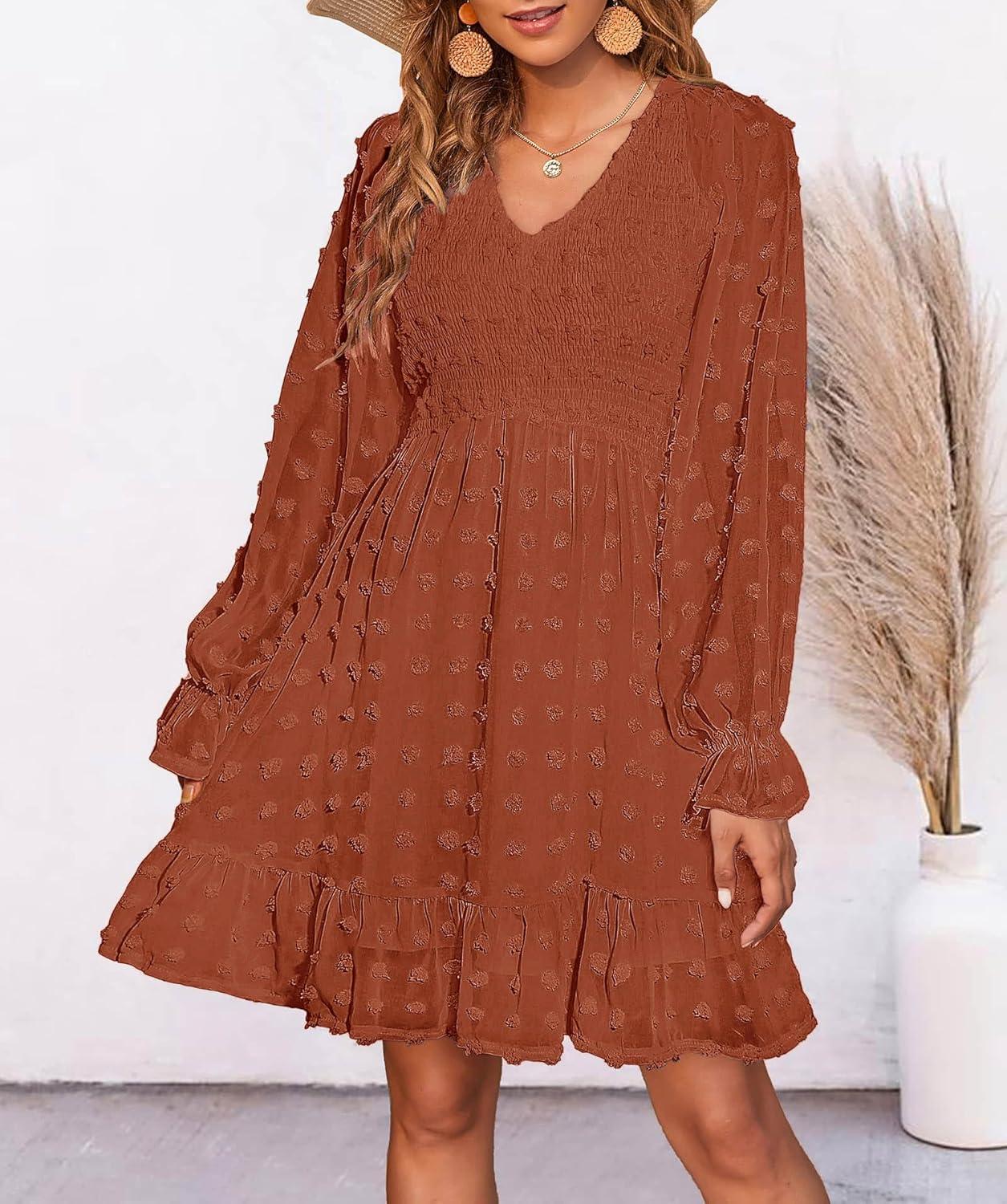 imageBTFBM Women Smocked Short Dress V Neck Long Sleeve Casual Swiss Dot Ruffle Chiffon Flowy Mini Summer Spring Dresses 2025Solid Red Brown