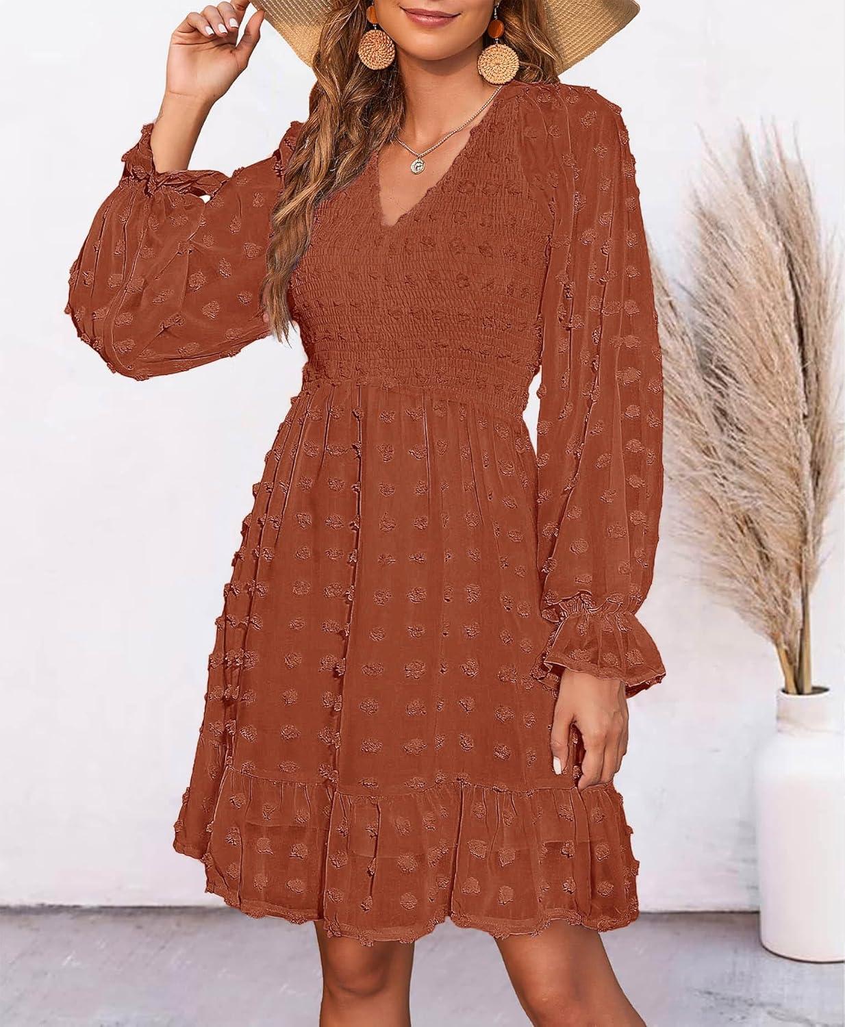 imageBTFBM Women Smocked Short Dress V Neck Long Sleeve Casual Swiss Dot Ruffle Chiffon Flowy Mini Summer Spring Dresses 2025Solid Red Brown