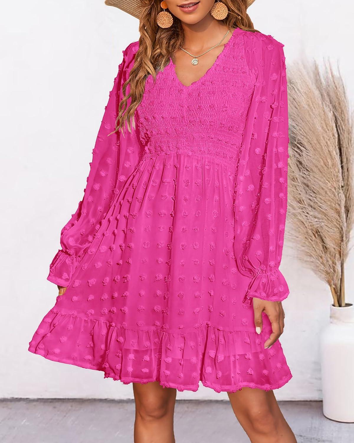 imageBTFBM Women Smocked Short Dress V Neck Long Sleeve Casual Swiss Dot Ruffle Chiffon Flowy Mini Summer Spring Dresses 2025Solid Rose Red