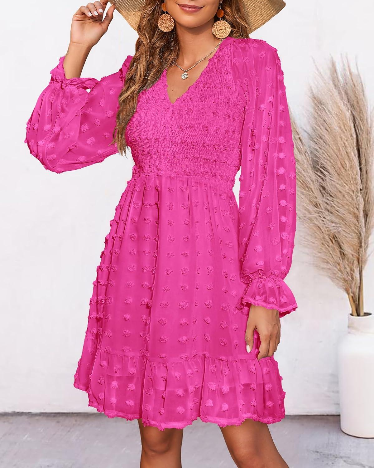 imageBTFBM Women Smocked Short Dress V Neck Long Sleeve Casual Swiss Dot Ruffle Chiffon Flowy Mini Summer Spring Dresses 2025Solid Rose Red