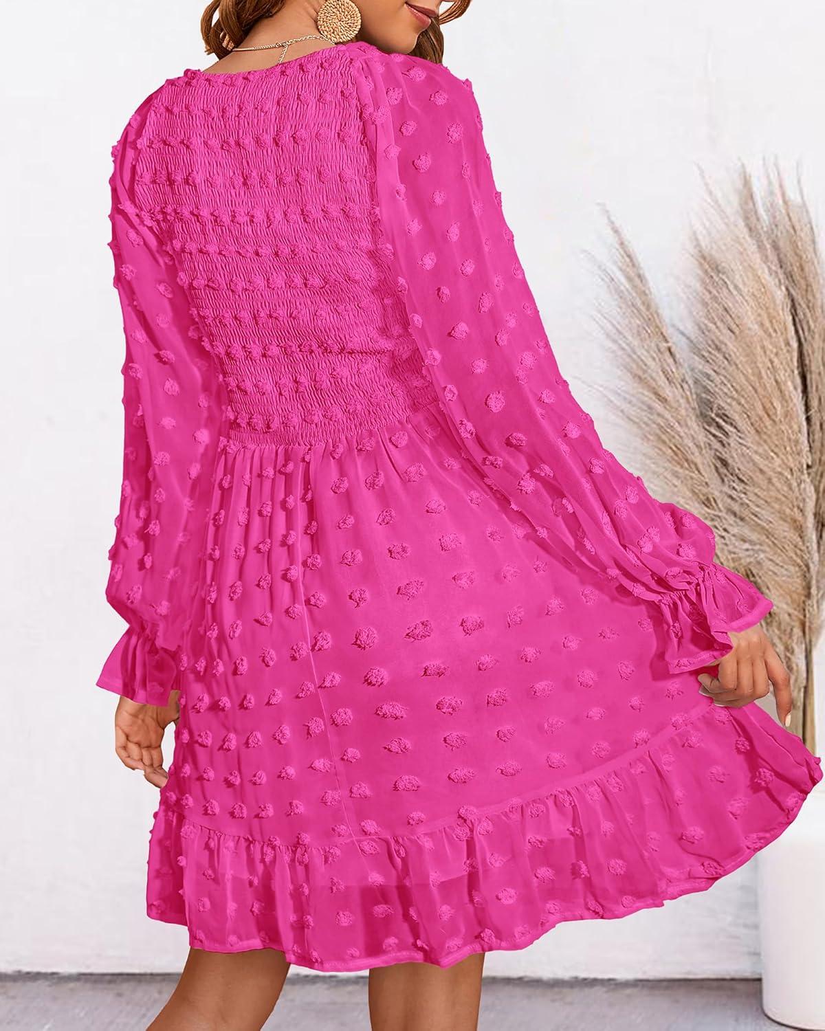 imageBTFBM Women Smocked Short Dress V Neck Long Sleeve Casual Swiss Dot Ruffle Chiffon Flowy Mini Summer Spring Dresses 2025Solid Rose Red