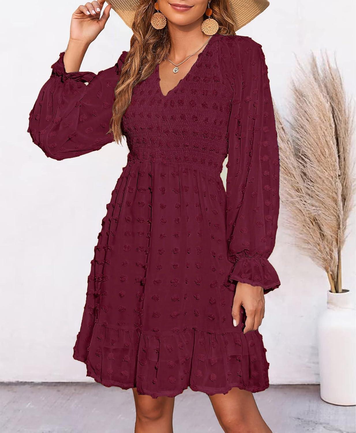 imageBTFBM Women Smocked Short Dress V Neck Long Sleeve Casual Swiss Dot Ruffle Chiffon Flowy Mini Summer Spring Dresses 2025Solid Wine Red