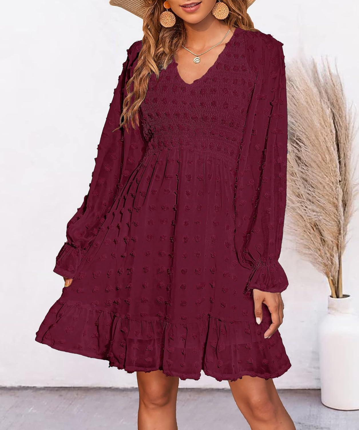 imageBTFBM Women Smocked Short Dress V Neck Long Sleeve Casual Swiss Dot Ruffle Chiffon Flowy Mini Summer Spring Dresses 2025Solid Wine Red