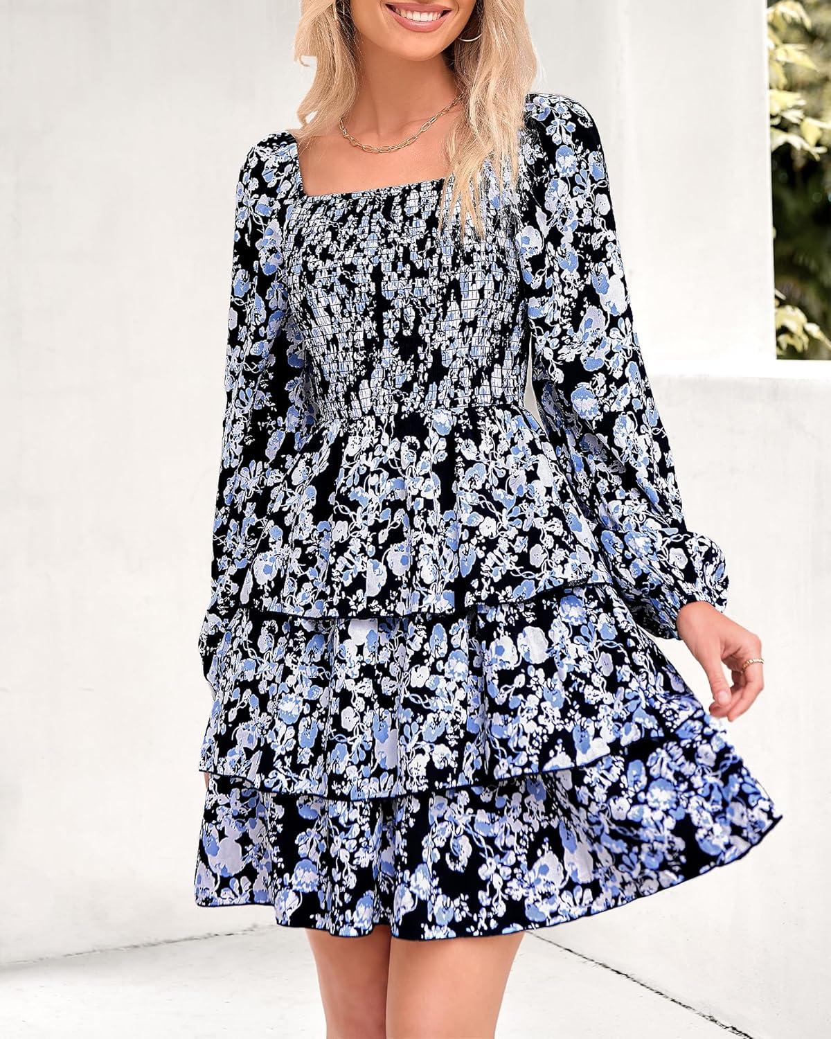 imageBTFBM Women Square Neck Smocked Dresses 2025 Summer Spring Long Sleeve Floral Swiss Dot Mini Boho Wedding Guest DressFloral Black White