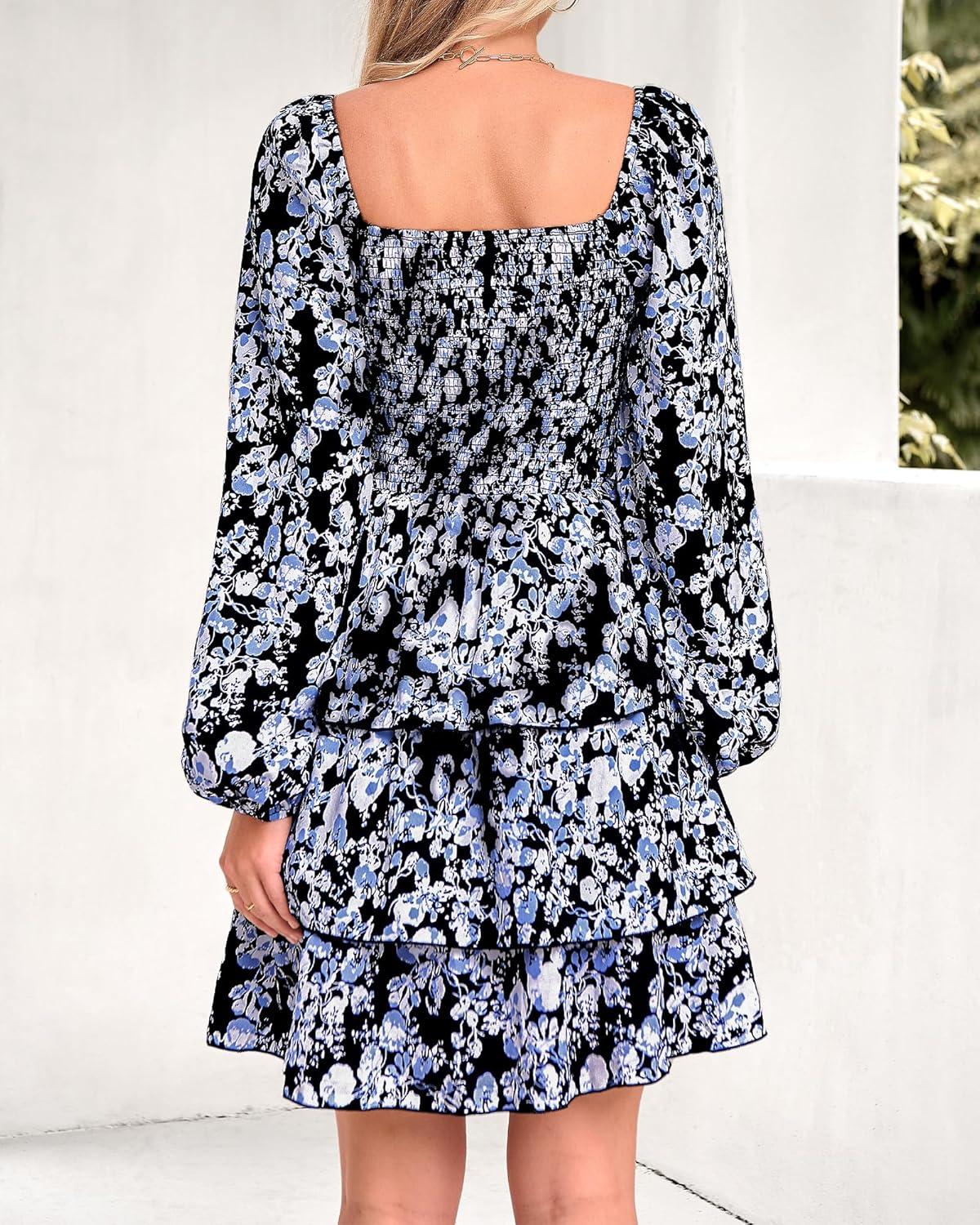 imageBTFBM Women Square Neck Smocked Dresses 2025 Summer Spring Long Sleeve Floral Swiss Dot Mini Boho Wedding Guest DressFloral Black White
