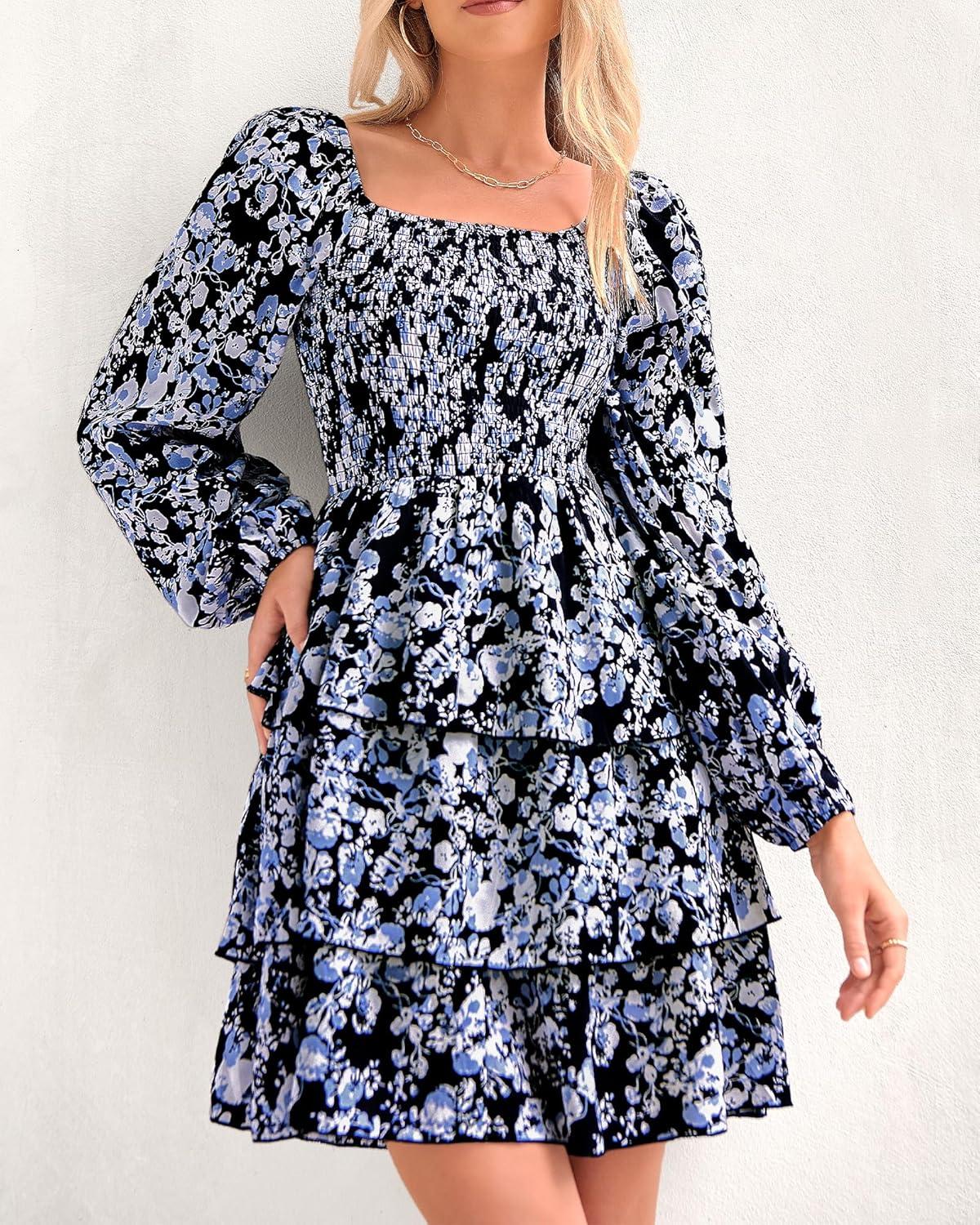 imageBTFBM Women Square Neck Smocked Dresses 2025 Summer Spring Long Sleeve Floral Swiss Dot Mini Boho Wedding Guest DressFloral Black White