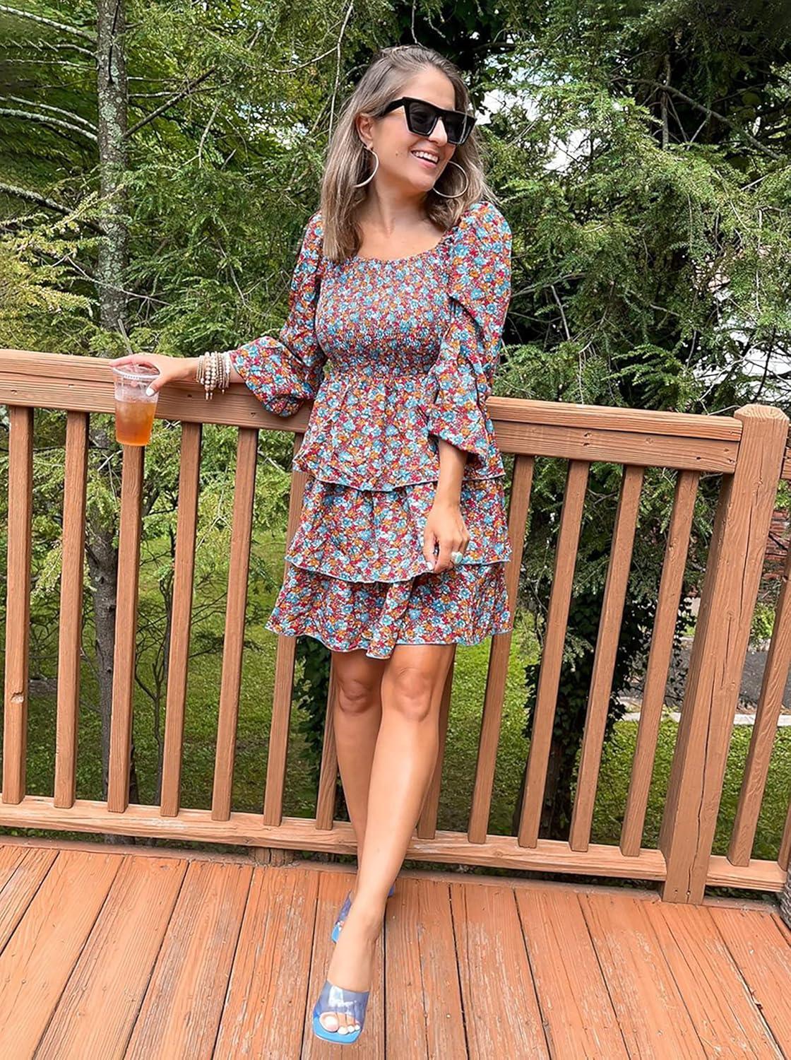 imageBTFBM Women Square Neck Smocked Dresses 2025 Summer Spring Long Sleeve Floral Swiss Dot Mini Boho Wedding Guest DressFloral Blue Orange