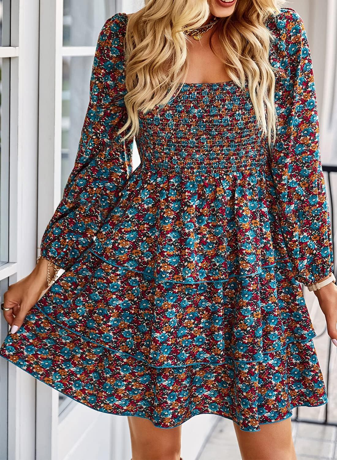 imageBTFBM Women Square Neck Smocked Dresses 2025 Summer Spring Long Sleeve Floral Swiss Dot Mini Boho Wedding Guest DressFloral Blue Orange