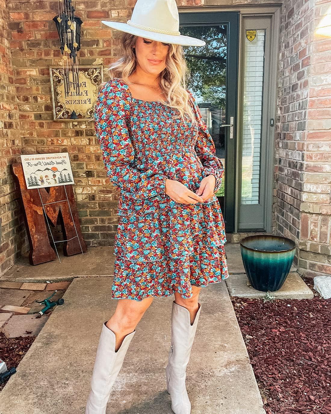 imageBTFBM Women Square Neck Smocked Dresses 2025 Summer Spring Long Sleeve Floral Swiss Dot Mini Boho Wedding Guest DressFloral Blue Orange