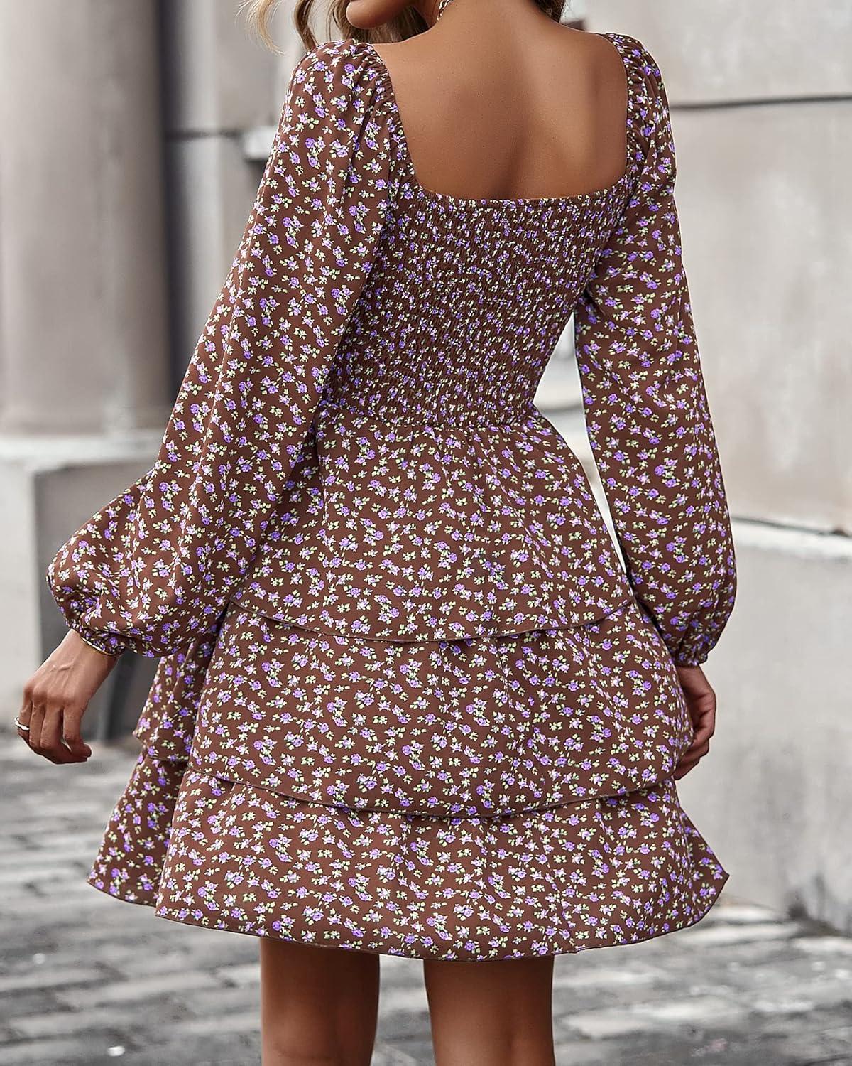 imageBTFBM Women Square Neck Smocked Dresses 2025 Summer Spring Long Sleeve Floral Swiss Dot Mini Boho Wedding Guest DressFloral Brown