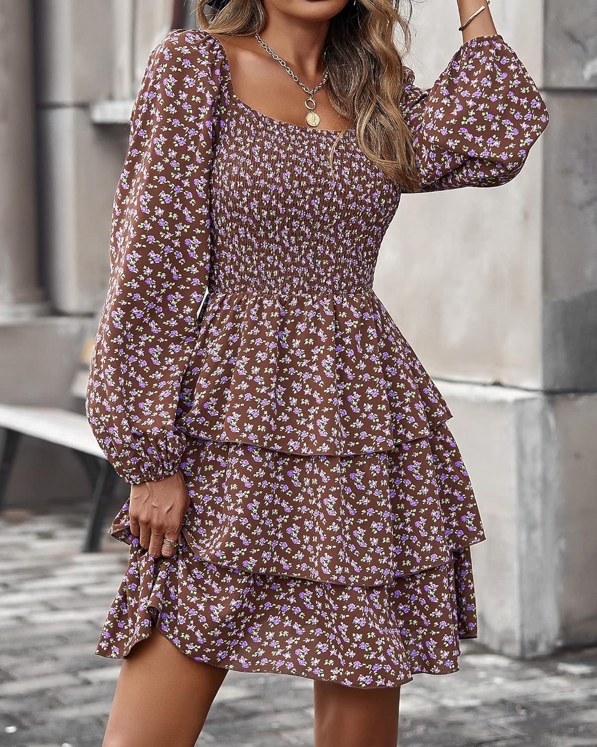 imageBTFBM Women Square Neck Smocked Dresses 2025 Summer Spring Long Sleeve Floral Swiss Dot Mini Boho Wedding Guest DressFloral Brown
