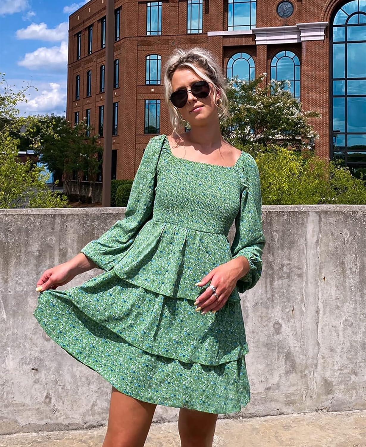 imageBTFBM Women Square Neck Smocked Dresses 2025 Summer Spring Long Sleeve Floral Swiss Dot Mini Boho Wedding Guest DressFloral Green Blue