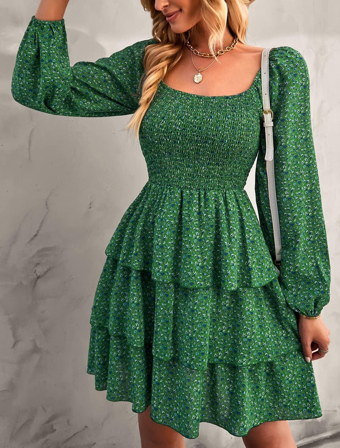 imageBTFBM Women Square Neck Smocked Dresses 2025 Summer Spring Long Sleeve Floral Swiss Dot Mini Boho Wedding Guest DressFloral Green Blue