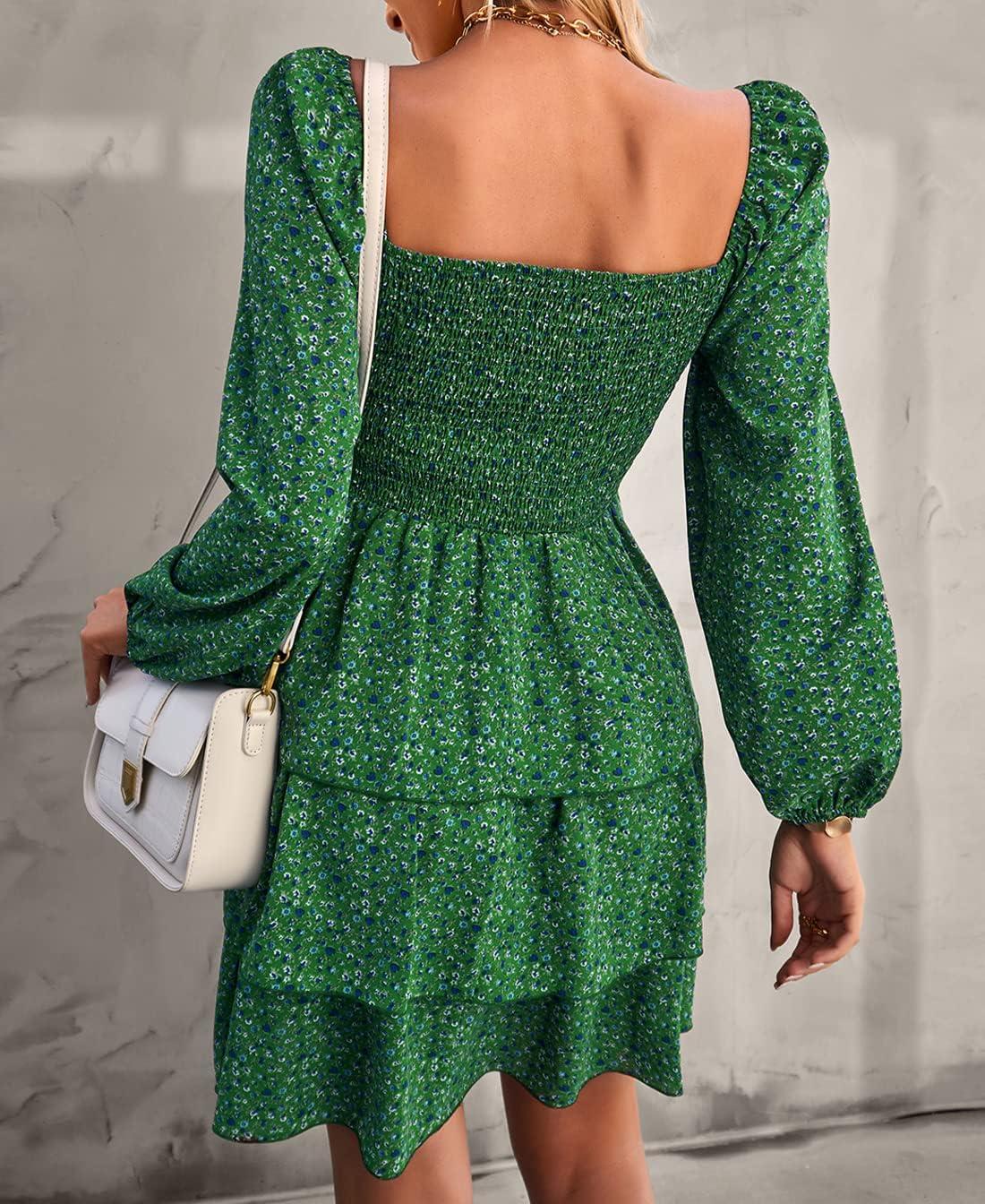 imageBTFBM Women Square Neck Smocked Dresses 2025 Summer Spring Long Sleeve Floral Swiss Dot Mini Boho Wedding Guest DressFloral Green Blue