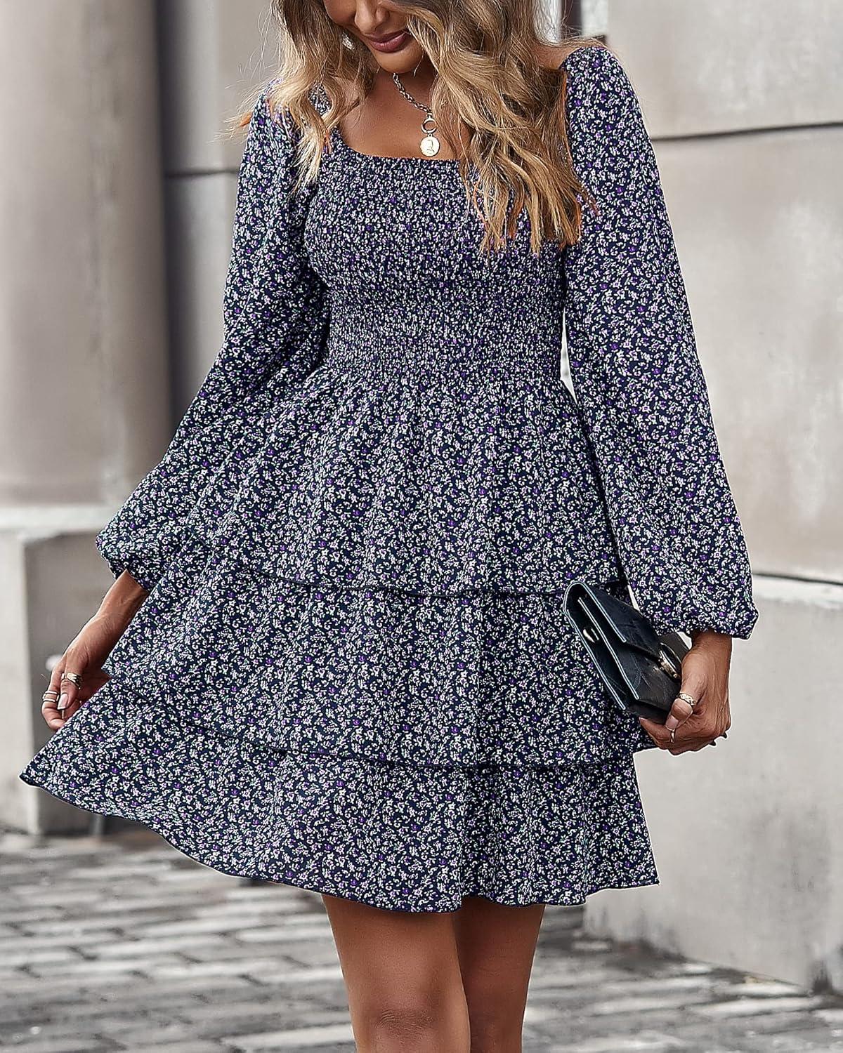 imageBTFBM Women Square Neck Smocked Dresses 2025 Summer Spring Long Sleeve Floral Swiss Dot Mini Boho Wedding Guest DressFloral Navy