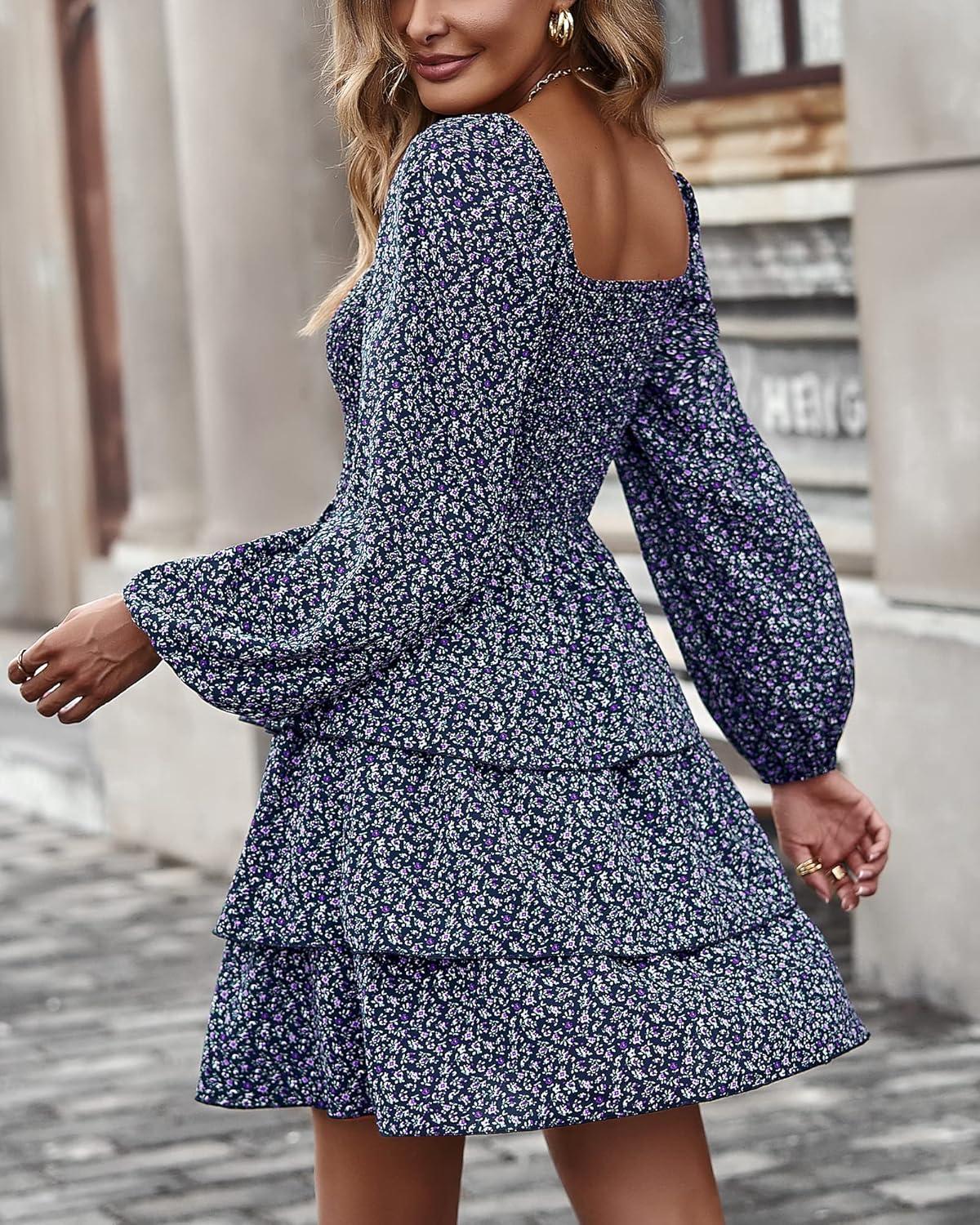 imageBTFBM Women Square Neck Smocked Dresses 2025 Summer Spring Long Sleeve Floral Swiss Dot Mini Boho Wedding Guest DressFloral Navy