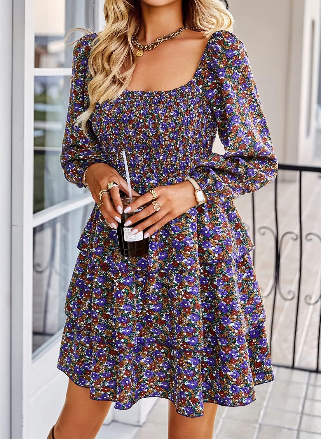 imageBTFBM Women Square Neck Smocked Dresses 2025 Summer Spring Long Sleeve Floral Swiss Dot Mini Boho Wedding Guest DressFloral Purple Red