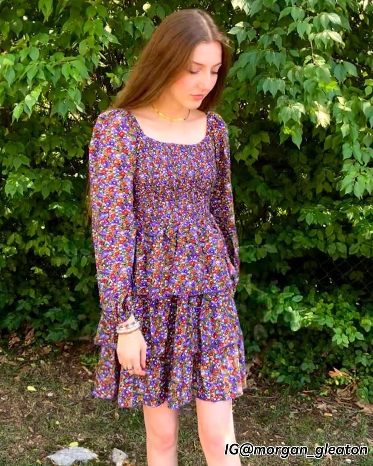 imageBTFBM Women Square Neck Smocked Dresses 2025 Summer Spring Long Sleeve Floral Swiss Dot Mini Boho Wedding Guest DressFloral Purple Red