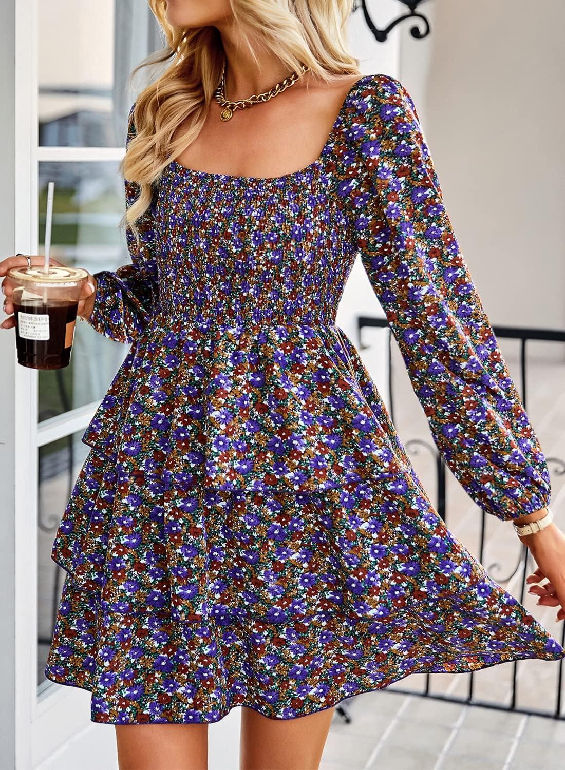 imageBTFBM Women Square Neck Smocked Dresses 2025 Summer Spring Long Sleeve Floral Swiss Dot Mini Boho Wedding Guest DressFloral Purple Red