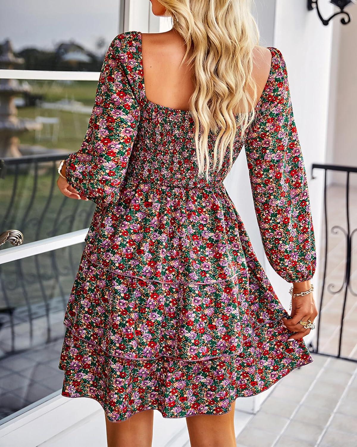 imageBTFBM Women Square Neck Smocked Dresses 2025 Summer Spring Long Sleeve Floral Swiss Dot Mini Boho Wedding Guest DressFloral Red Pink