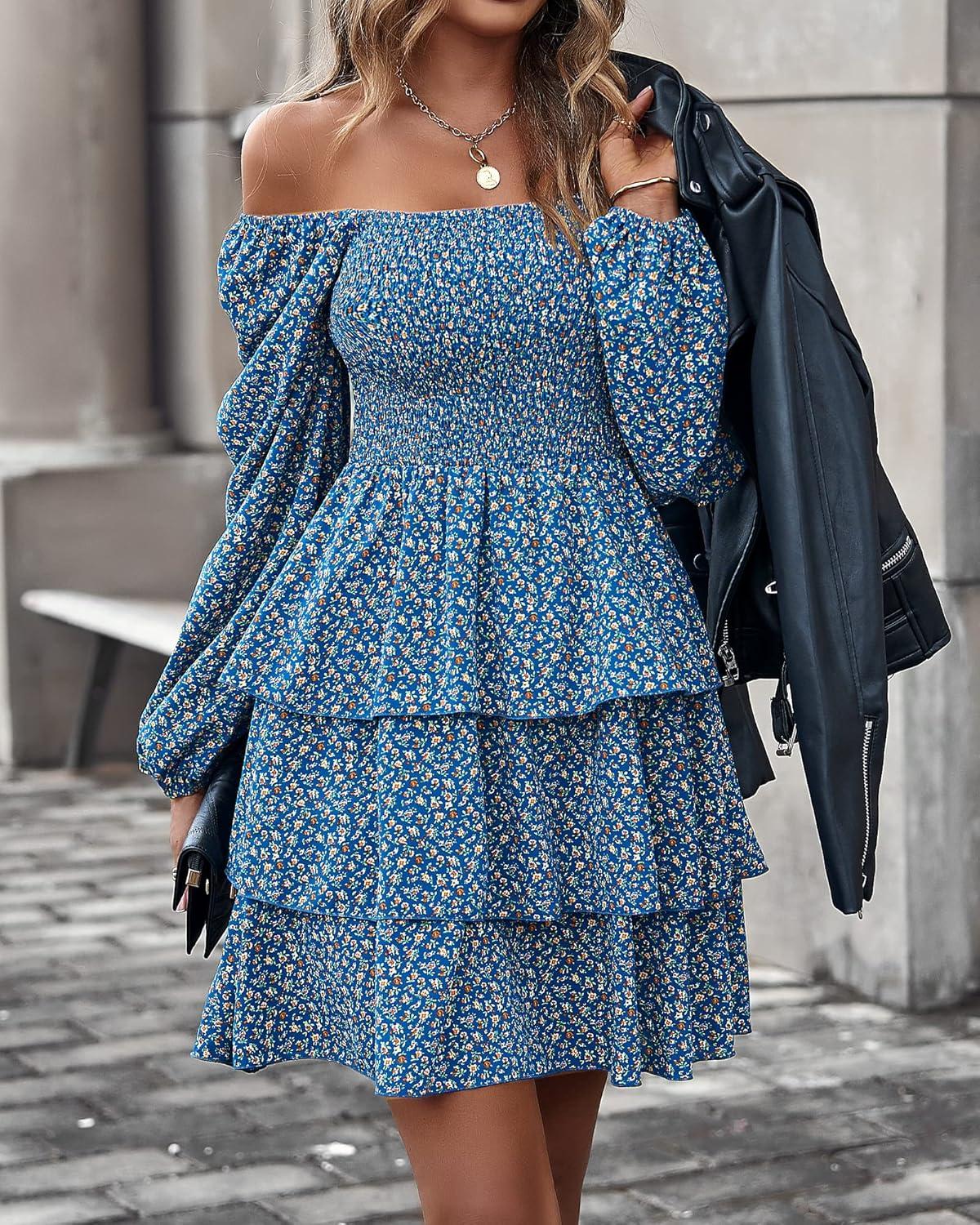 imageBTFBM Women Square Neck Smocked Dresses 2025 Summer Spring Long Sleeve Floral Swiss Dot Mini Boho Wedding Guest DressFloral Royal Blue