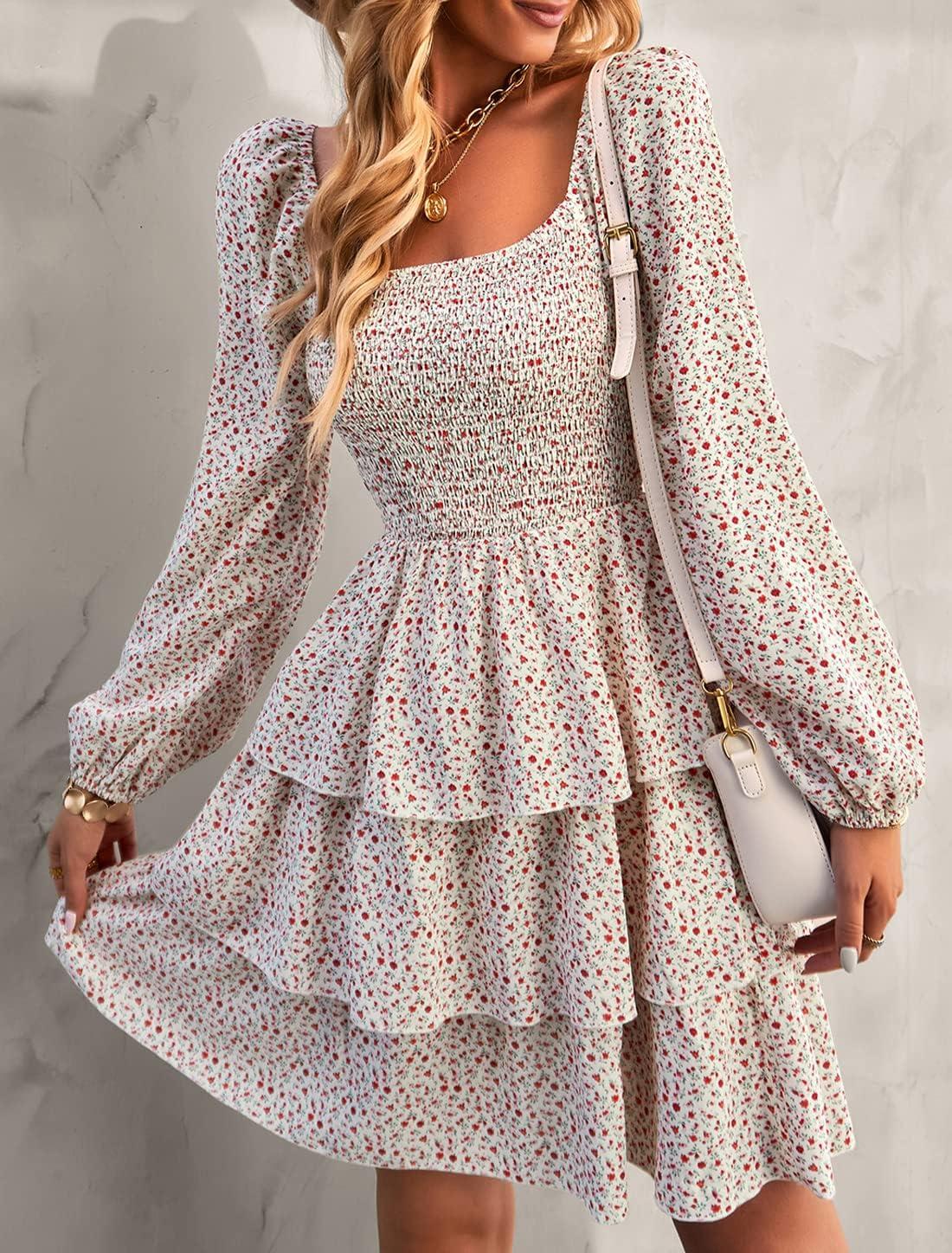 imageBTFBM Women Square Neck Smocked Dresses 2025 Summer Spring Long Sleeve Floral Swiss Dot Mini Boho Wedding Guest DressFloral White Red