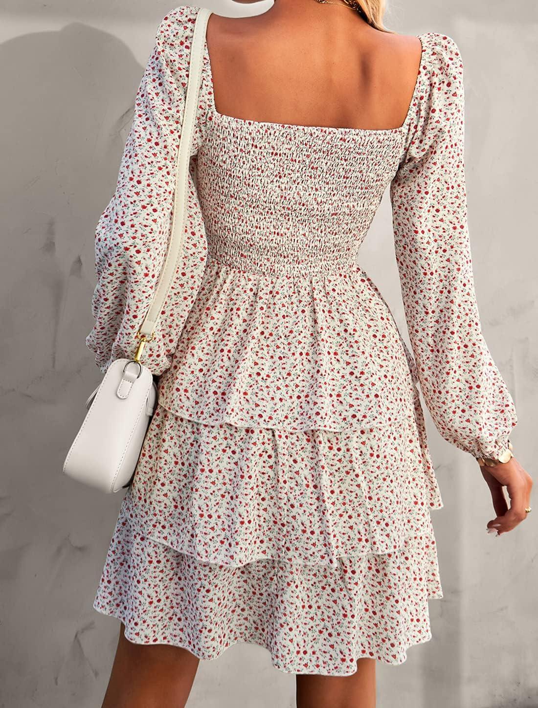 imageBTFBM Women Square Neck Smocked Dresses 2025 Summer Spring Long Sleeve Floral Swiss Dot Mini Boho Wedding Guest DressFloral White Red